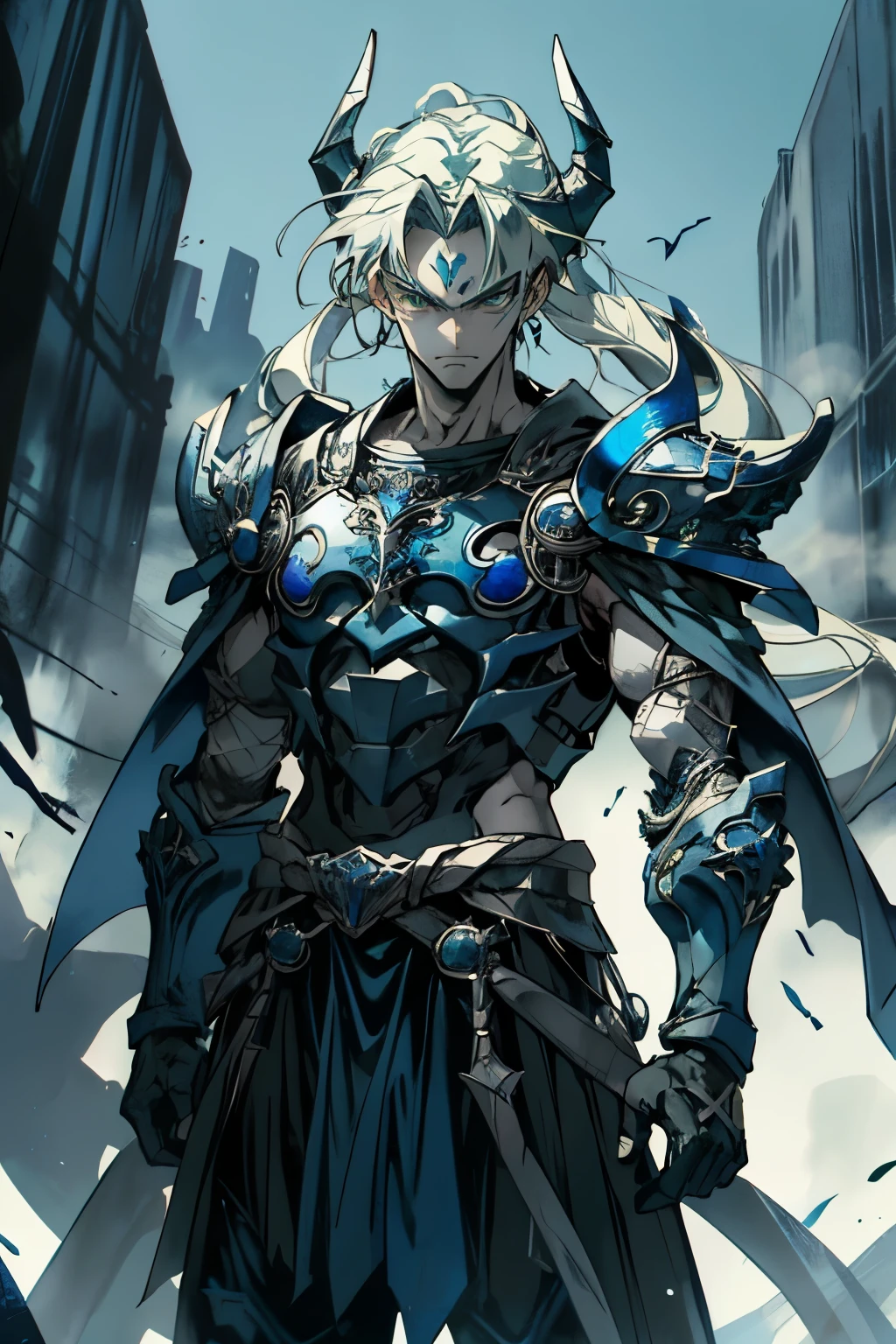 a man 1.80 tall with long silver hair and green eyes with an x-shaped scar on his forehead, a blue-colored rune and a dragon appearance on his back and other miscellaneous ones spread across his body
he uses a torn cloak and a chest, shoulder pads and the joints of old plate armor with a symbol of two dragons
His weapon is a bow made of black steel with blue runes that connects to a blue stone in the middle of the bow.