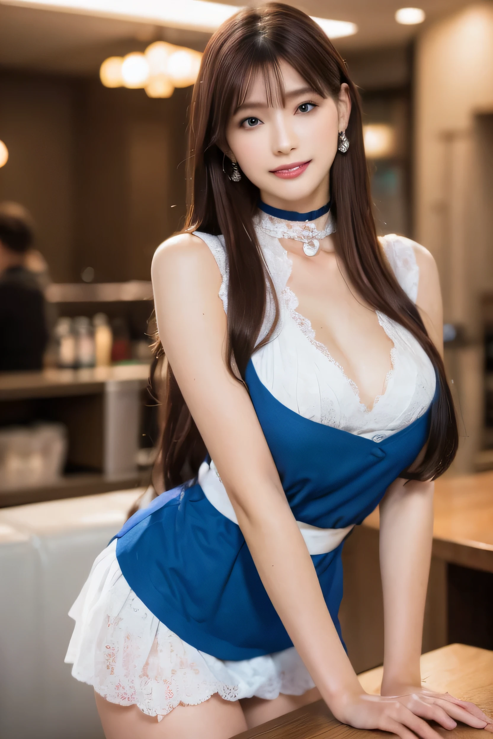 standing pose, maid, blue skirt, maid headdress, black thighhighs, maid apron, long sleeves, puffy sleeves, curvy, cleavage, thighs, looking at camera, front view, long hair, bangs, (detailed face), at livingroom, tempting pose, potrait body, mouth closed, light smile, black eyes, 1 girl, 20yo,Young female,Beautiful Finger,Beautiful long legs,Beautiful body, Beautiful Nose,Beautiful character design, perfect eyes, perfect face,expressive eyes,perfect balance, (looking at viewer),extremely detailed CG unity 8k wallpaper, White skin, (masterpiece:1.0), (best_quality:1.0), ultra high res,4K,ultra-detailed, photography, 8K, HDR, highres, absurdres:1.2, Kodak portra 400, film grain, (vibrant_color:1.2),professional photograph, (Beautiful,huge_Breasts:1.4), (beautiful_face:1.5),(narrow_waist)