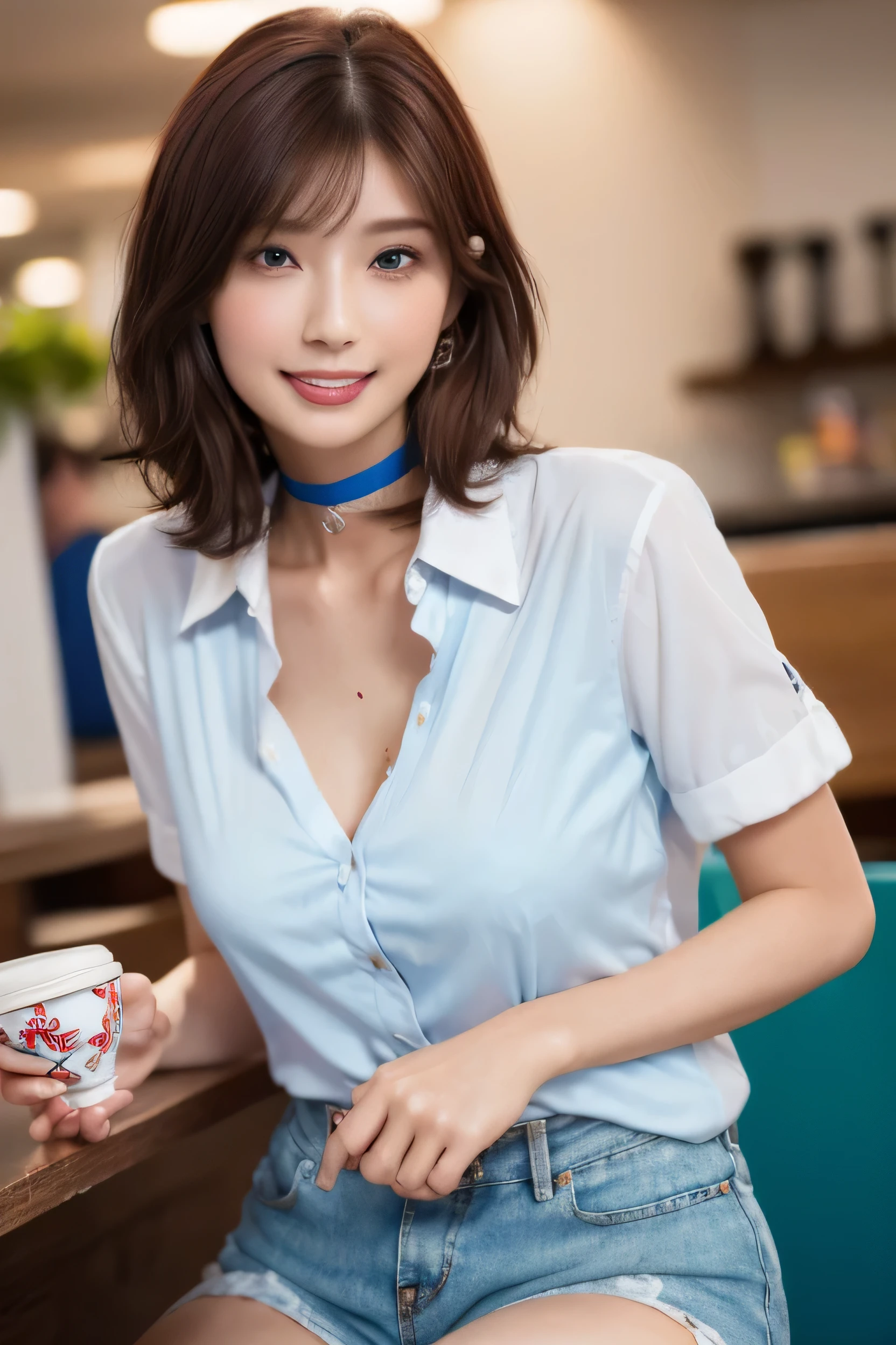 (Photorealistic:1.8, highest quality:1.8,8K masterpiece:1.8,High resolution,Mastepiece:1.8,RAW Photos,Cinematic lighting,lighting from behind,No split screen）、morning、Cafe、（A woman holding a coffee cup)、(Soryu Asuka Langley)、Knee Shot、Angle from below、
（Sunburned skin、choker、Medium chest、White Shirt、Micro short denim、Wide open chest、Beautiful thighs、Plump nipples）、Random Pause、
(Medium Hair、Beautiful, shining red, blue, white, and brown hair:1.5)、Beautiful and detailed blue eyes、Beautiful lip、Detailed correct finger、Blushing、greet、Smile