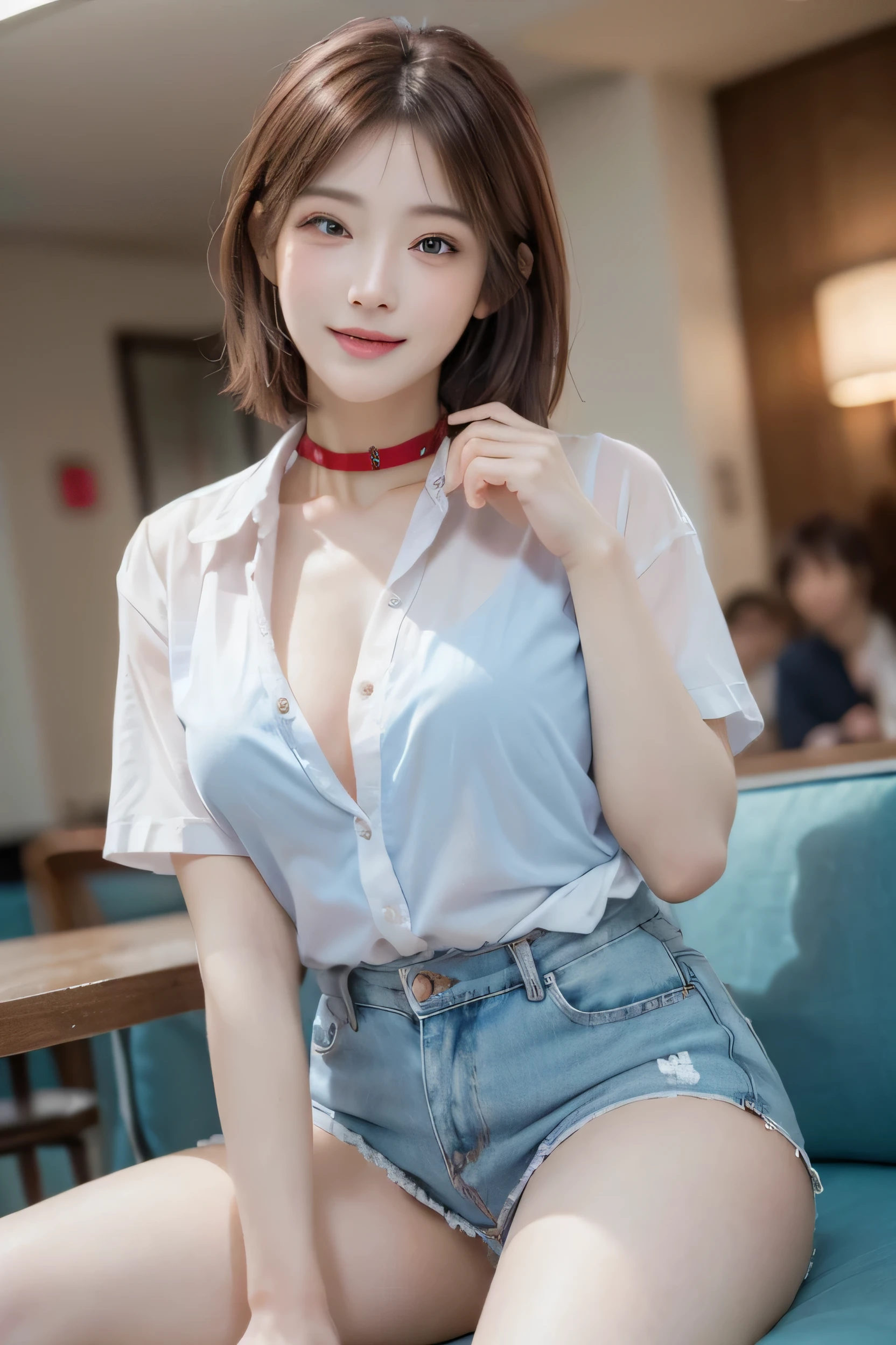 (Photorealistic:1.8, highest quality:1.8,8K masterpiece:1.8,High resolution,Mastepiece:1.8,RAW Photos,Cinematic lighting,lighting from behind,No split screen)、morning、Cafe、(A woman holding a coffee cup)、(Soryu Asuka Langley)、Knee Shot、Angle from below、 (Sunburned skin、choker、Medium chest、White Shirt、Micro short denim、Wide open chest、Beautiful thighs、Plump nipples)、Random Pause、 (Medium Hair、Beautiful, shining red, blue, white, and brown hair:1.5)、Beautiful and detailed blue eyes、Beautiful lip、Detailed correct finger、Blushing、greet、Smile