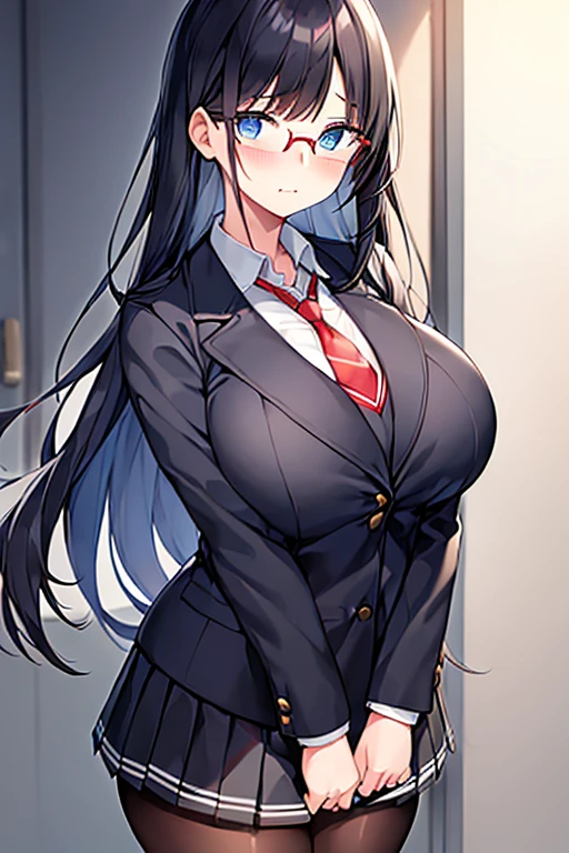 1girl, ((school uniform)), mature female, tall female, dark blue hair, black hair, long hair, wavy mouth, blue eyes, shy, timid, huge breasts, wide hips, thick thighs, pantyhose, arms behind back, white skirt, skirt, red necktie, necktie, black jacket, jacket, pleated skirt, red glasses, glasses, ((black jacket)), ((white skirt)), ((red glasses))