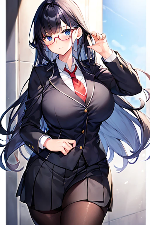 1girl, ((school uniform)), mature female, tall female, dark blue hair, black hair, long hair, wavy mouth, blue eyes, shy, timid, huge breasts, wide hips, thick thighs, pantyhose, arms behind back, white skirt, skirt, red necktie, necktie, black jacket, jacket, pleated skirt, red glasses, glasses, ((black jacket)), ((white skirt)), ((red glasses))