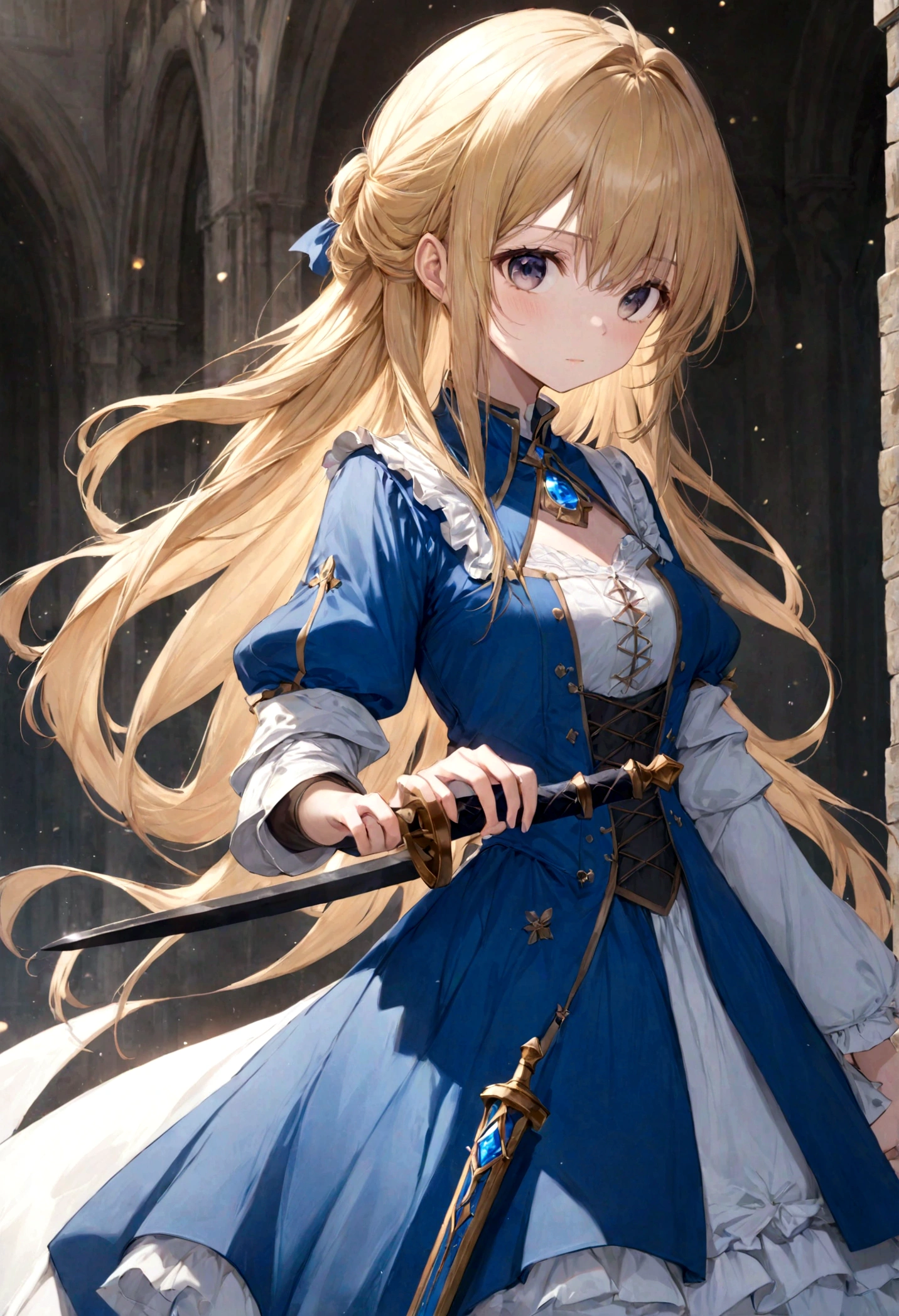 anime, female, heroine, long hair, dress, sword, princess, alchemist, pretty, cute, high definition, blonde hair, blue dress