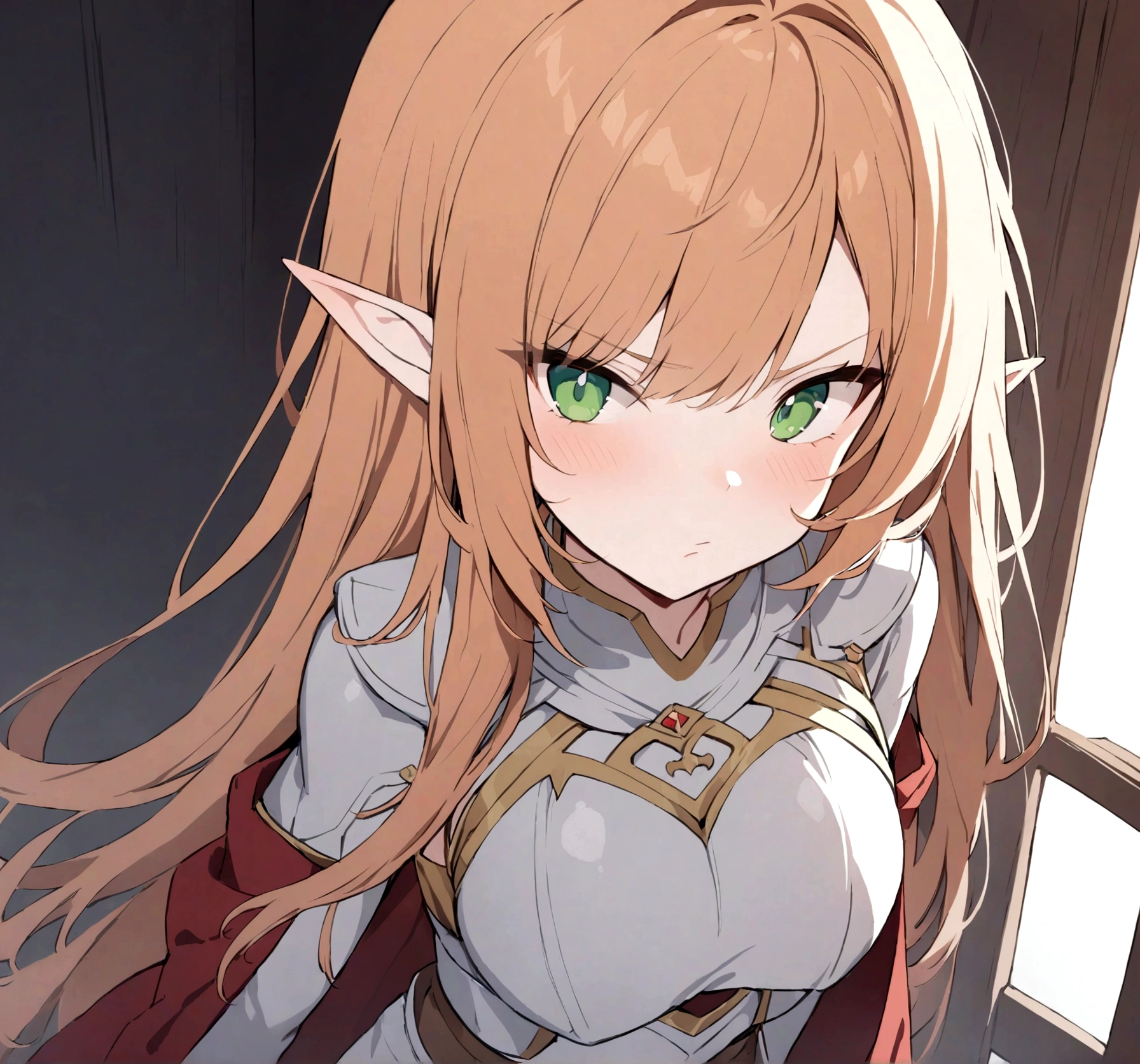 (1girl, Masterpiece, best quality) A young elf female with (long length orange hair and sharp side-swept fringe). Neutral, sligthly serious expression. Her attire includes a red cloak with yellow trim that covers a (medieval-style brown and white armored chest piece). She has green eyes.