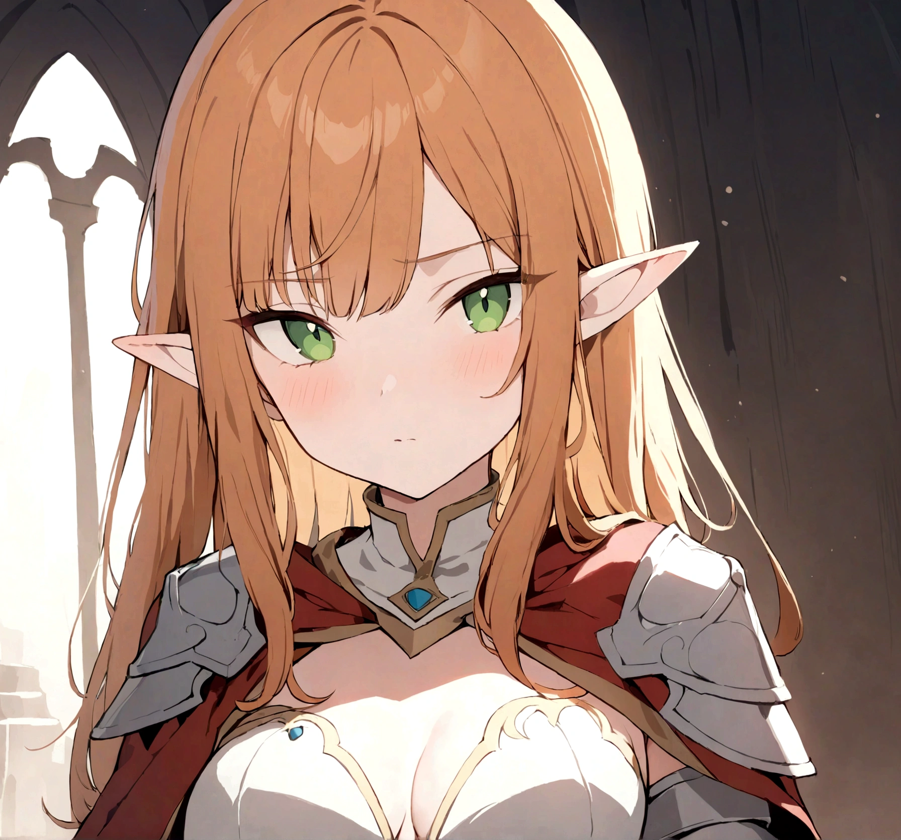 (1girl, Masterpiece, best quality) A young elf female with (long length orange hair and sharp side-swept fringe). Neutral, sligthly serious expression. Her attire includes a red cloak with yellow trim that covers a (medieval-style brown and white armored chest piece). She has green eyes.