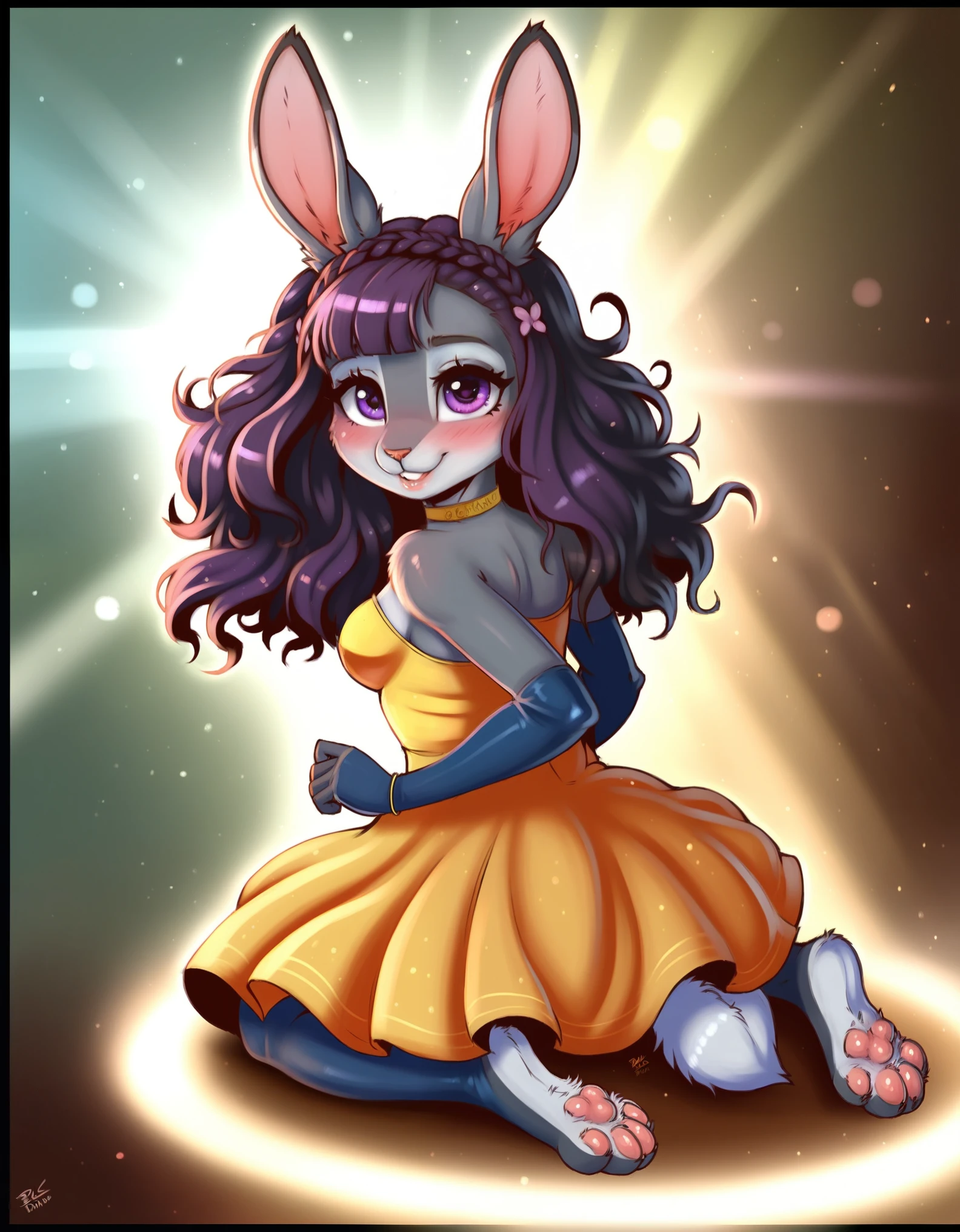 [(fursuit,:0.8), real, photo background, detailed, photography \(artwork\),:0.267], RAW, 8k, photo, realistic,photorealistic,(((hyperrealistic))),nsfw,natural lighting, dappled sunlight,(detailed enchanted forest background, reflecting pool), ((rear view, cute butt)),((Futuristic energy dancer dress with glowing neon elements)), (anthro grey bunny:1.3), (bunny tail,long rabbit ears), messy hair,(long french braid),(grey fur, grey body, purple eyes:1.3),paws,(medium breasts:1.1),(happy),embarrassed,(smile),(blush,nose blush), choker, looking up at the viewer, skinny, natural skin texture, shiny,8k, hdr, intricate, highly detailed, sharp focus, intricate detail, ((full body shot)), high quality, center of frame, natural lighting, hdr,smooth, intricate detail, natural lighting, realistic, light particles,(fine fabric emphasis), Ultra realistic, masterpiece, highest quality, 