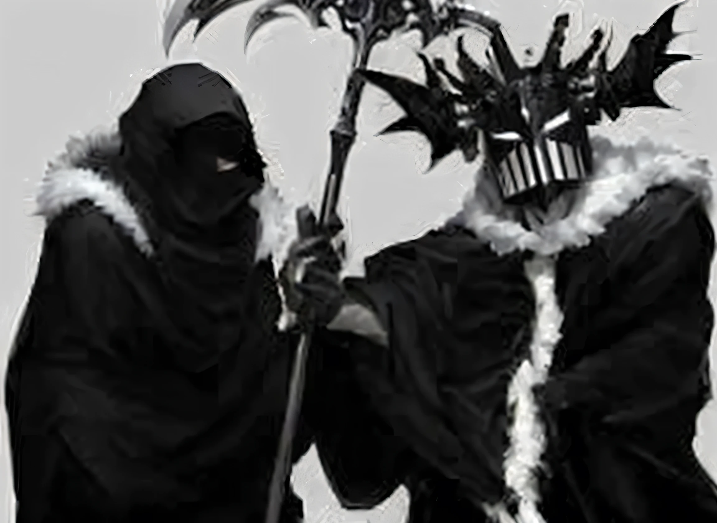 One men, dressed in black and white, holding a scythe, pathetic and spoiled knights, king, Hidari and Vlop, shadowy and dark, dark robes, from master, dark, kenku, chaos nightmare ❄️ amour venom, the villain, master!!!, chaos nightmare ❄️ amour, grimdark vibes