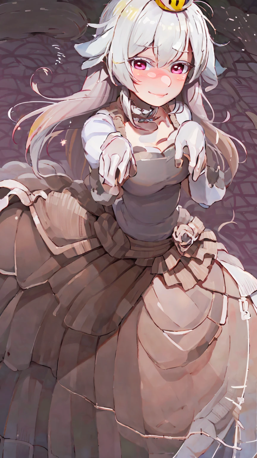 ((masterpiece,best quality)), absurdres, Boosette_Mario, 1girl, long hair, white hair, long white dress, ballroom dress, white gloves,  solo, smiling, blushing, looking at viewer, cowboy shot,