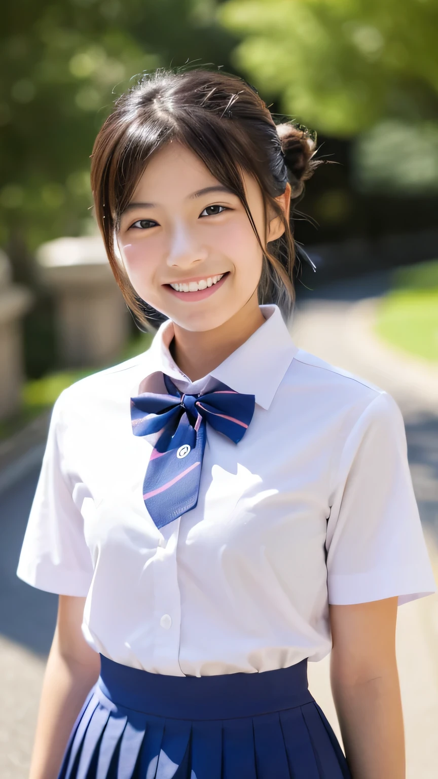 (masterpiece:1.2), Japanese, (((18 years old))), (a girl), hair bun, smiling, outdoor, collared shirt, bow tie, pleats skirt, 