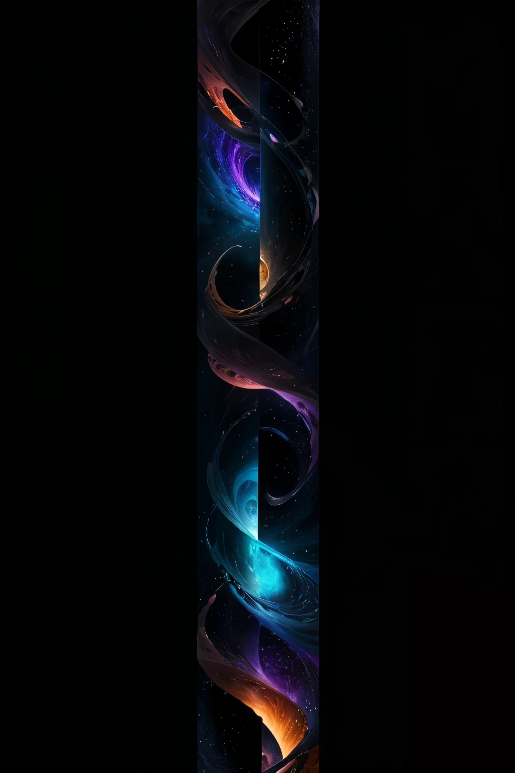Ultra High-Definition Image (4K, 9:16 aspect ratio): A mesmerizing depiction of a black hole's event horizon, surrounded by a swirling maelstrom of cosmic colors. The event horizon is a stark, mysterious void, with its intense gravity bending and distorting the swirling colors around it.

Detailed Analysis: The event horizon is represented by a carefully crafted gradient that perfectly captures the unimaginable darkness and infinite depth of a black hole. The surrounding swirling maelstrom is a blend of vibrant cosmic hues, each one meticulously placed to create a sense of movement and chaos. The intricate volumetric lighting