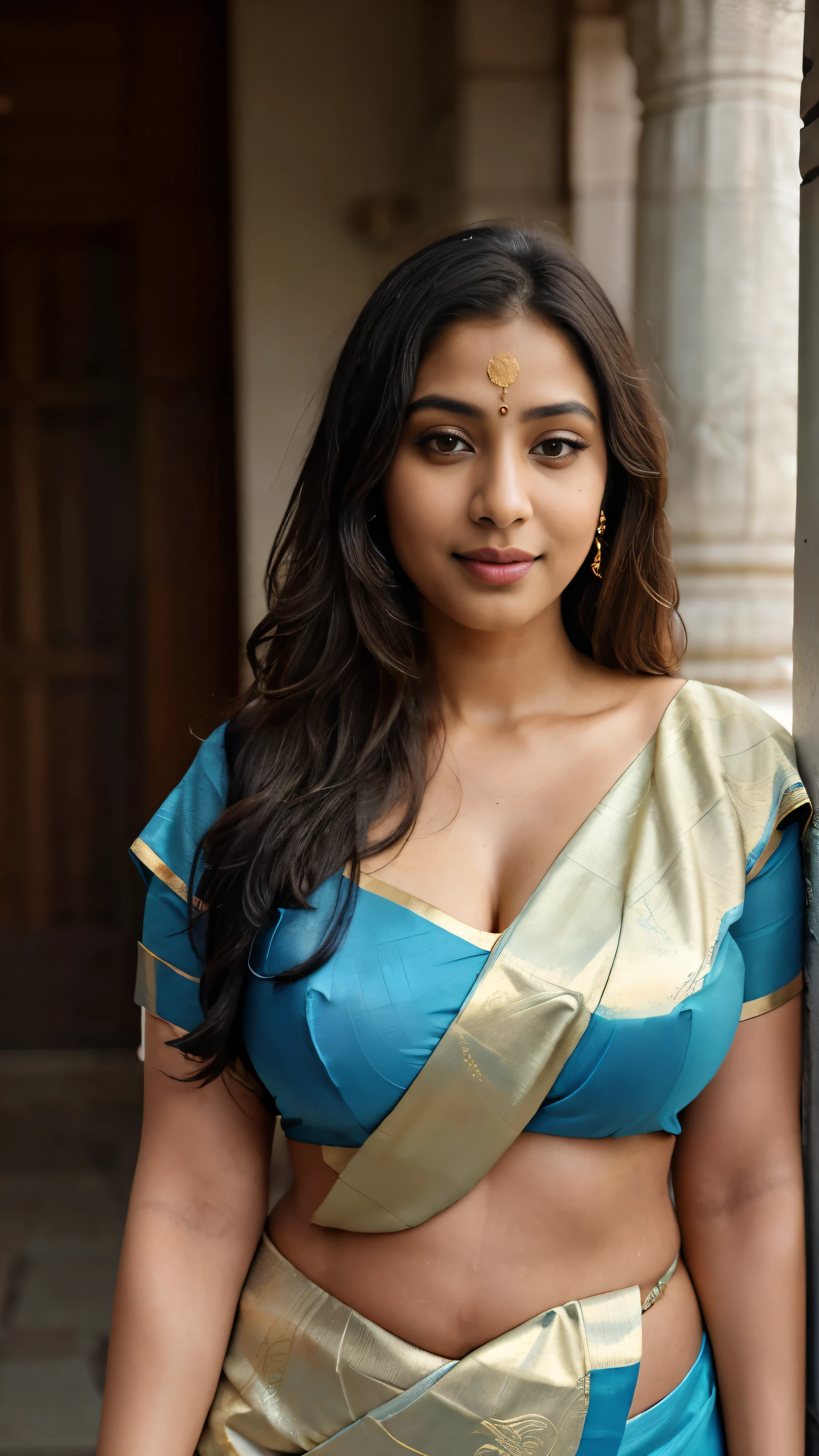 Masterpiece, RAW photo, best quality, photorealistic, extremely detailed CG unity 8k wallpaper, Depth of field, Cinematic Light, Lens Flare, Ray tracing, (extremely beautiful face, beautiful lips, beautiful eyes), long hair , intricate detail face, ((ultra detailed skin)), Indian lady, Dusky skinned, India. Skin tone, Indian lady has a very seductive figure, perfect breasts, curvy figure, big lips, wearing a saree and blouse ((Blue and golden saree and blouse)), voluptuous, smiling