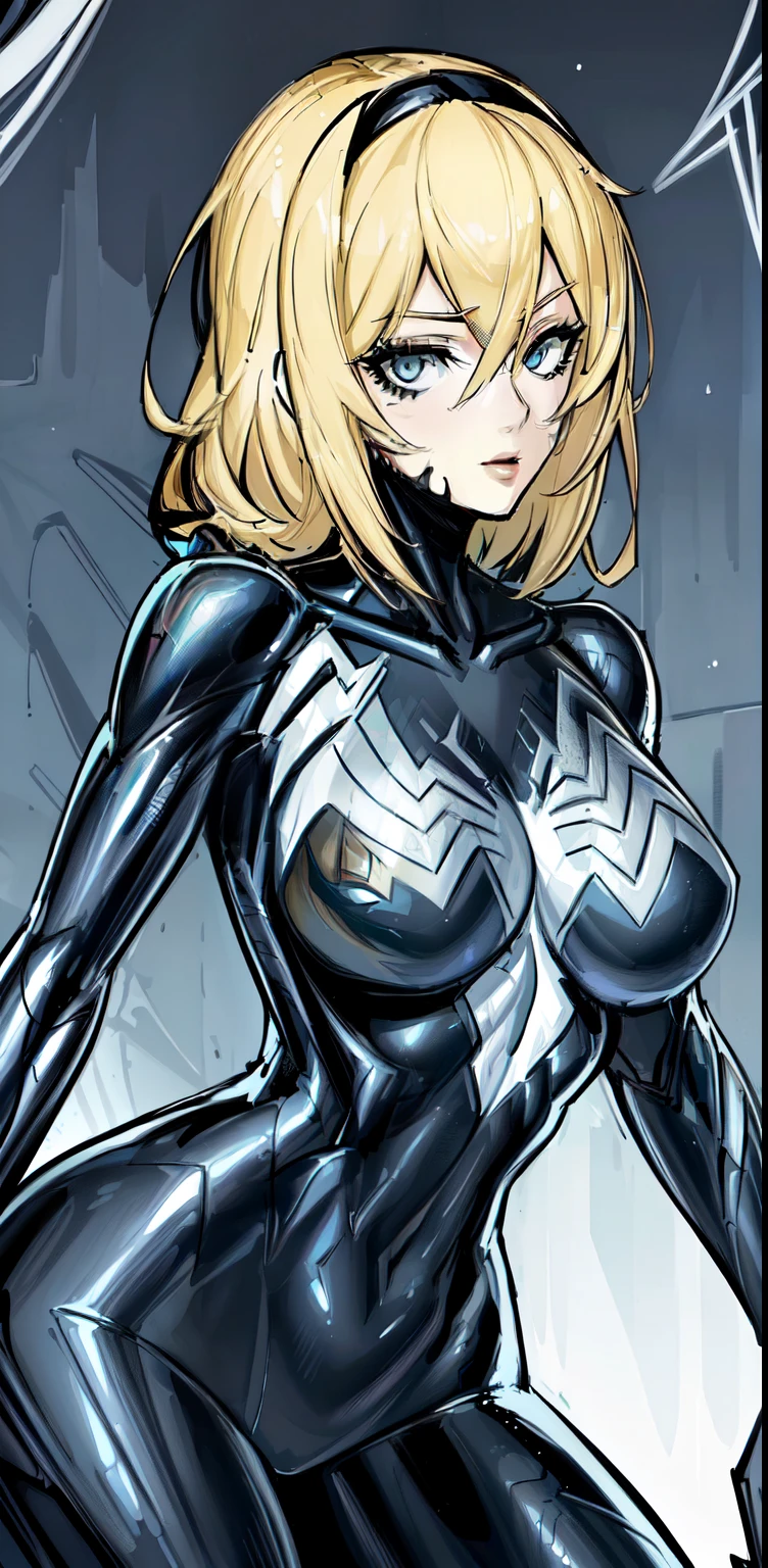 ((best quality)), (highly detailed:1.2), she is showing the side, she is sideways towards the viewer, sideways towards the camera,( masterpiece, ((official art)),1girl, solo,
symbiote,spider gwen,SVGM,blonde hair, completely black clothing, looking to the side, body to the side, the body is to the side