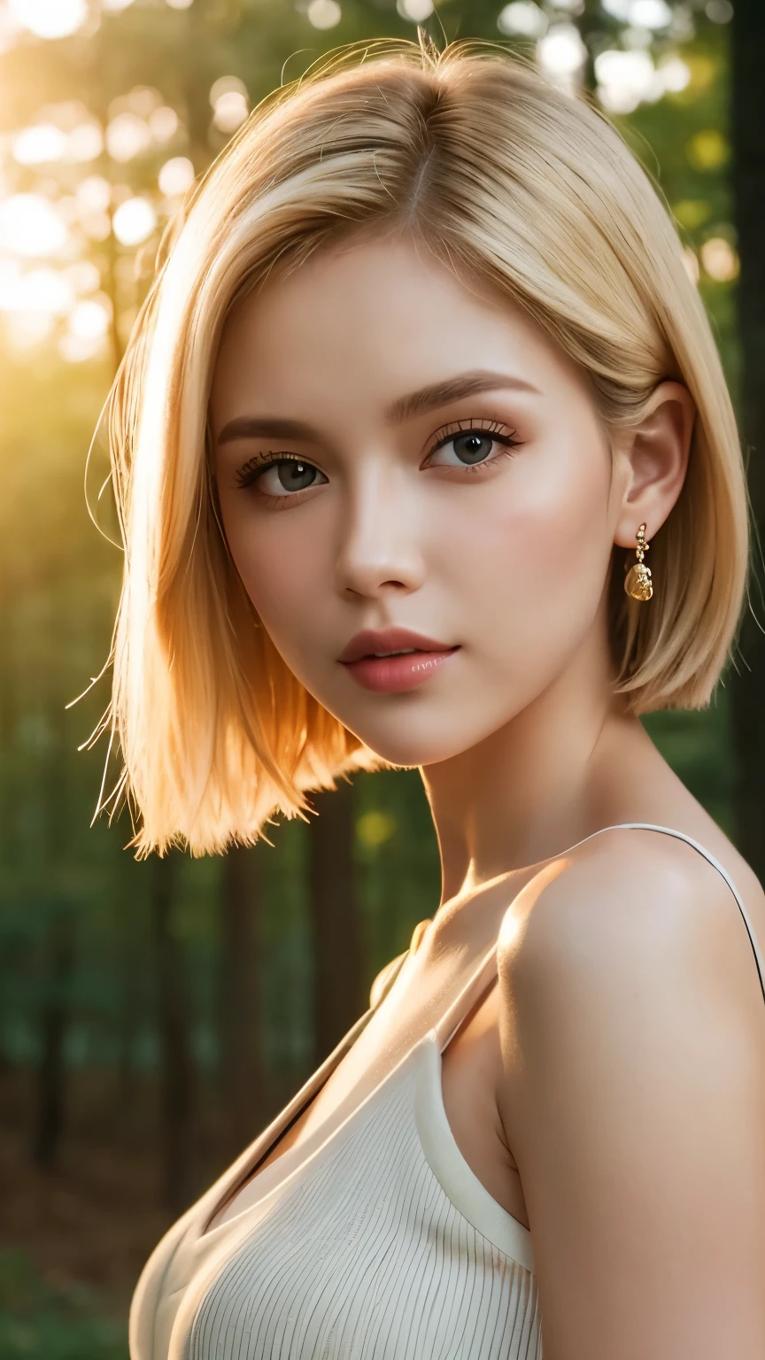 Close-up portrait, Sexy SS Blonde, parted lips, lips, Casual Dresses, View your audience, Forest Background, Sunset Light, Realistic