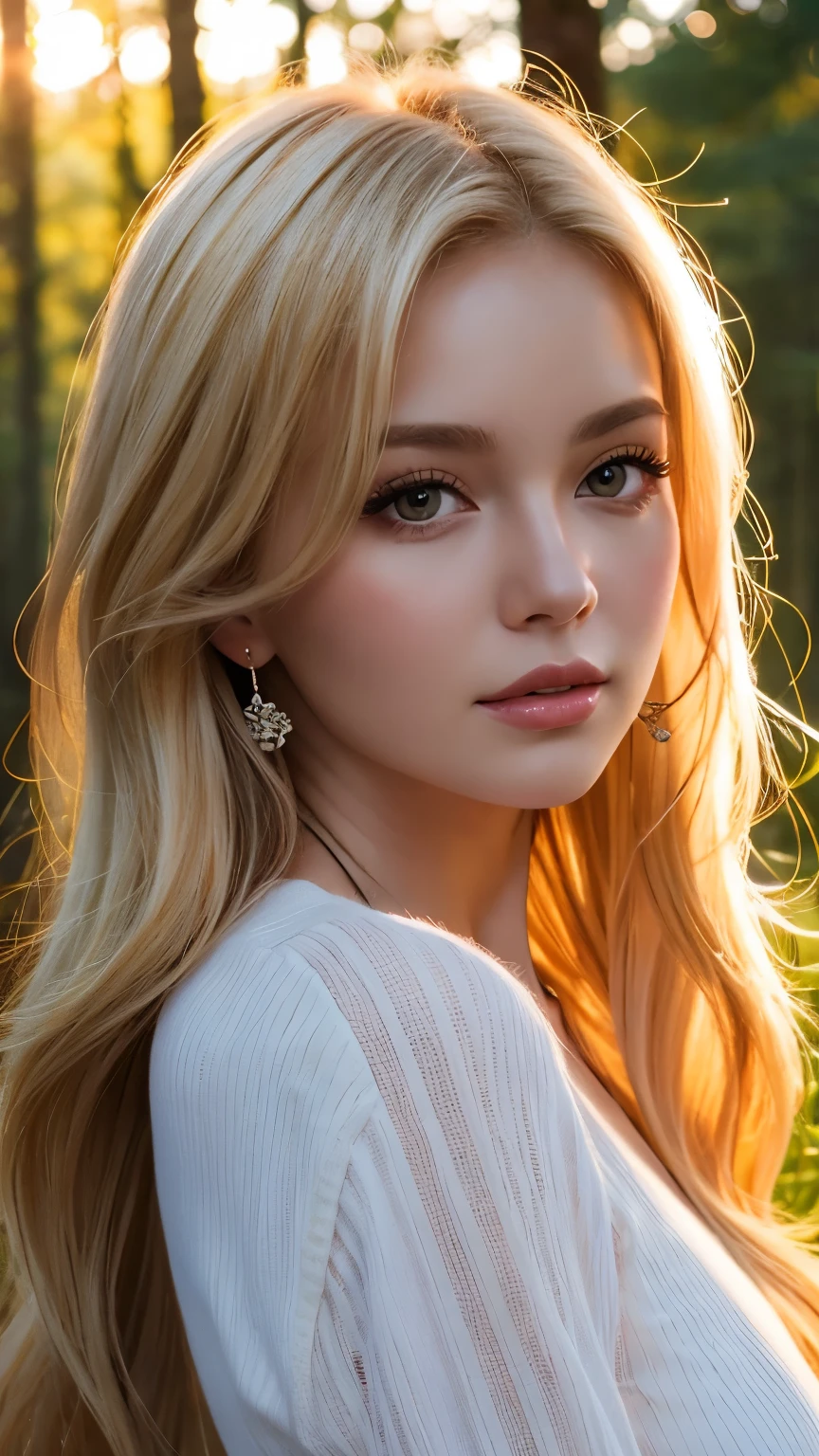 Close-up portrait, Sexy SS Blonde, parted lips, lips, Casual Dresses, View your audience, Forest Background, Sunset Light, Realistic