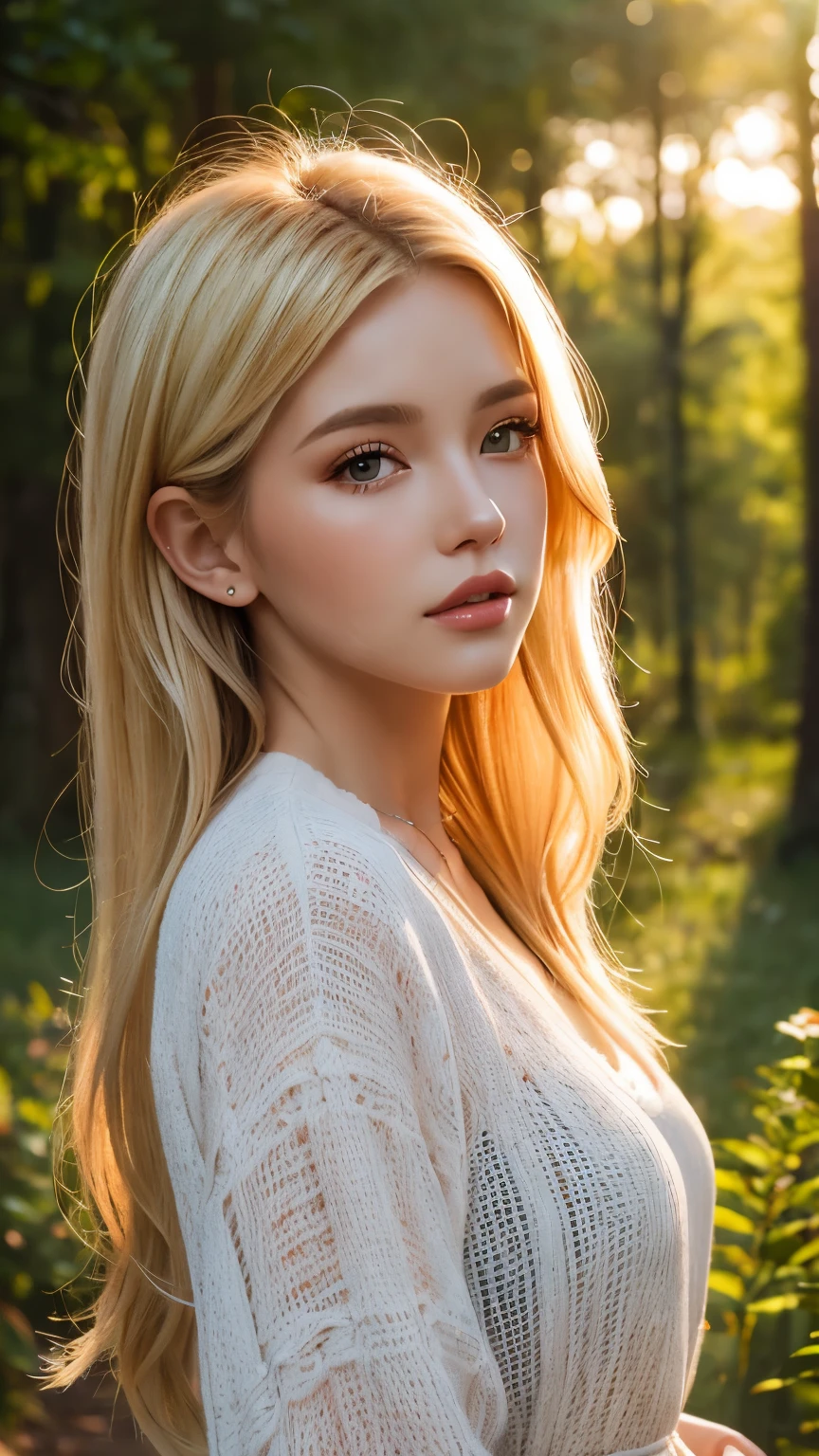 Close-up portrait, Sexy SS Blonde, parted lips, lips, Casual Dresses, View your audience, Forest Background, Sunset Light, Realistic