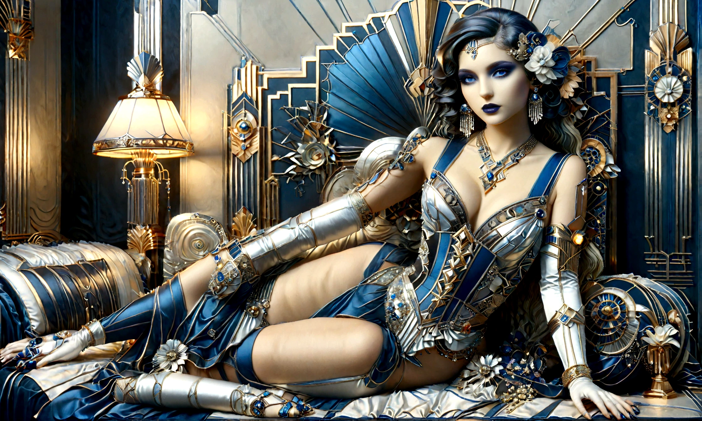 fantasy art deco (art deco: 1.5) A (black and white: 1.5) glamours model shot, RAW, award winning, of an exquisite beautiful 1solo woman, ultra feminine, full body, busty woman, most beautiful face, long hair, wavy hair, wearing (blue: 1.5) silk corset, stockings, wearing intricate high heels, lying in bed, light make up, modern day high society bedroom background, (black and white filter: 1.4), (anatomically correct: 1.4), 1960s photoshoot style, picture taken from dynamic range, ultra wide shot, photorealism, depth of field, hyper realistic, Dark Art Painting Style, ais-artdeco