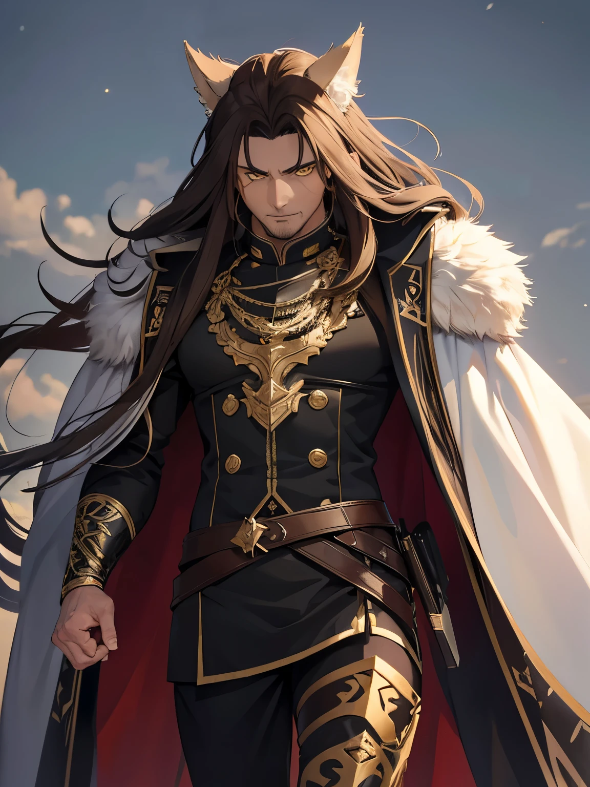 Wolf king, male,40 years old,long hair,brown hair,yellow eyes,ultra detail,walking,talking,