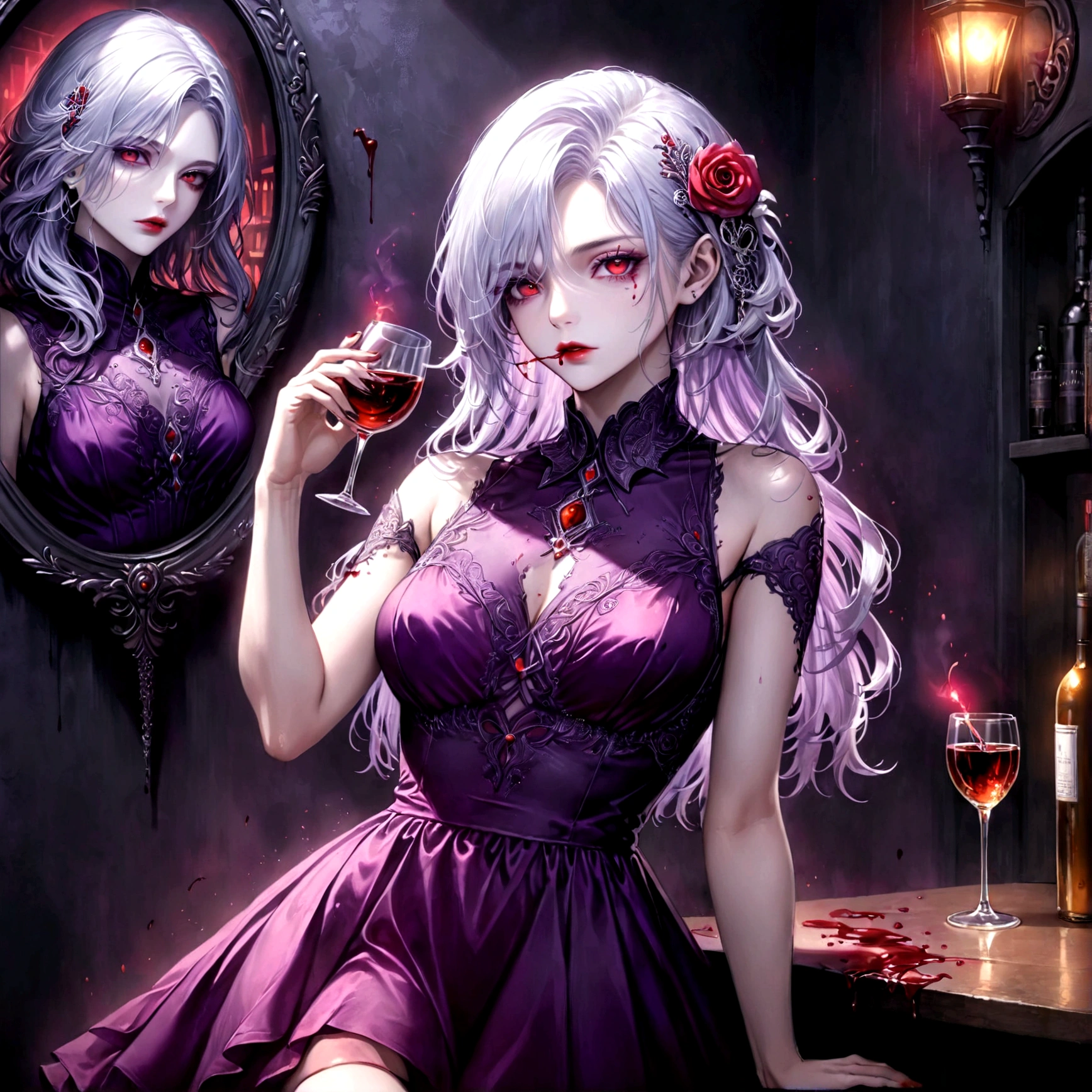 Arafed, dark fantasy art, glamour shot, award winning shot, photorealistic, a portrait of a female vampire drinking a glass of blood,, silver hair, long hair, red lips, glowing eyes, there is an imprint of ((white rose)), dynamic color, she wears, an elegant (purple dress: 1.5), cyberpunk bar background, 16k, ultra detailed, masterpiece, best quality, (extremely detailed), Dark Art Painting Style, GlowingRunesAI_red
