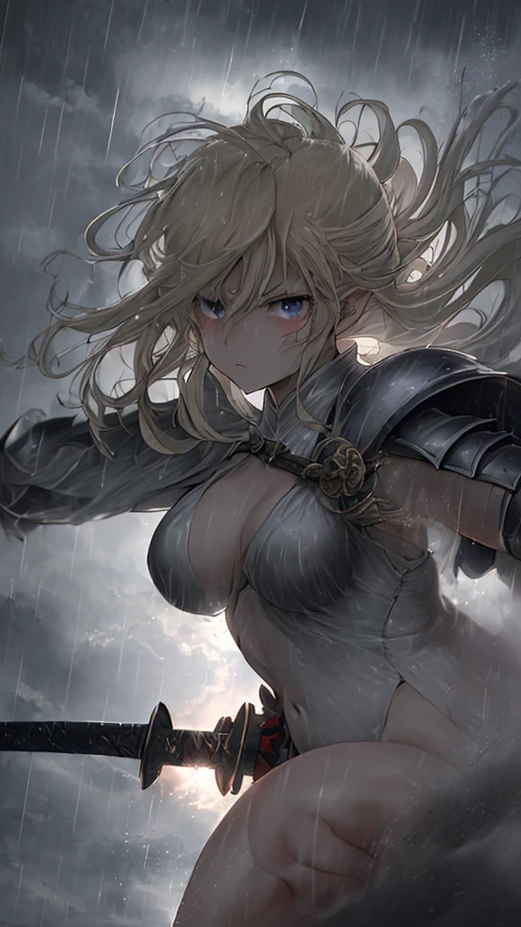 (anime)、(Artwork:1.2),atmospheric perspective,lens flare、A hazy battlefield、Thick clouds cover the sky, making the world appear gray、As the rain falls, the female knight crouches and thrusts her sword .。He looks frustrated and swears revenge.Rain-soaked hair、blonde、blue eyes、armor、Traces of fierce battle everywhere、Smoke rises here and there、A work with a hazy hue、((Pushing a medieval sword with one hand))、A girl