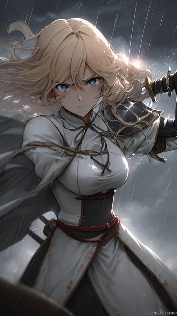 (anime)、(Artwork:1.2),atmospheric perspective,lens flare、A hazy battlefield、Thick clouds cover the sky, making the world appear gray、As the rain falls, the female knight crouches and thrusts her sword .。He looks frustrated and swears revenge.Rain-soaked hair、blonde、blue eyes、armor、Traces of fierce battle everywhere、Smoke rises here and there、A work with a hazy hue、((Pushing a medieval sword with one hand))、A girl