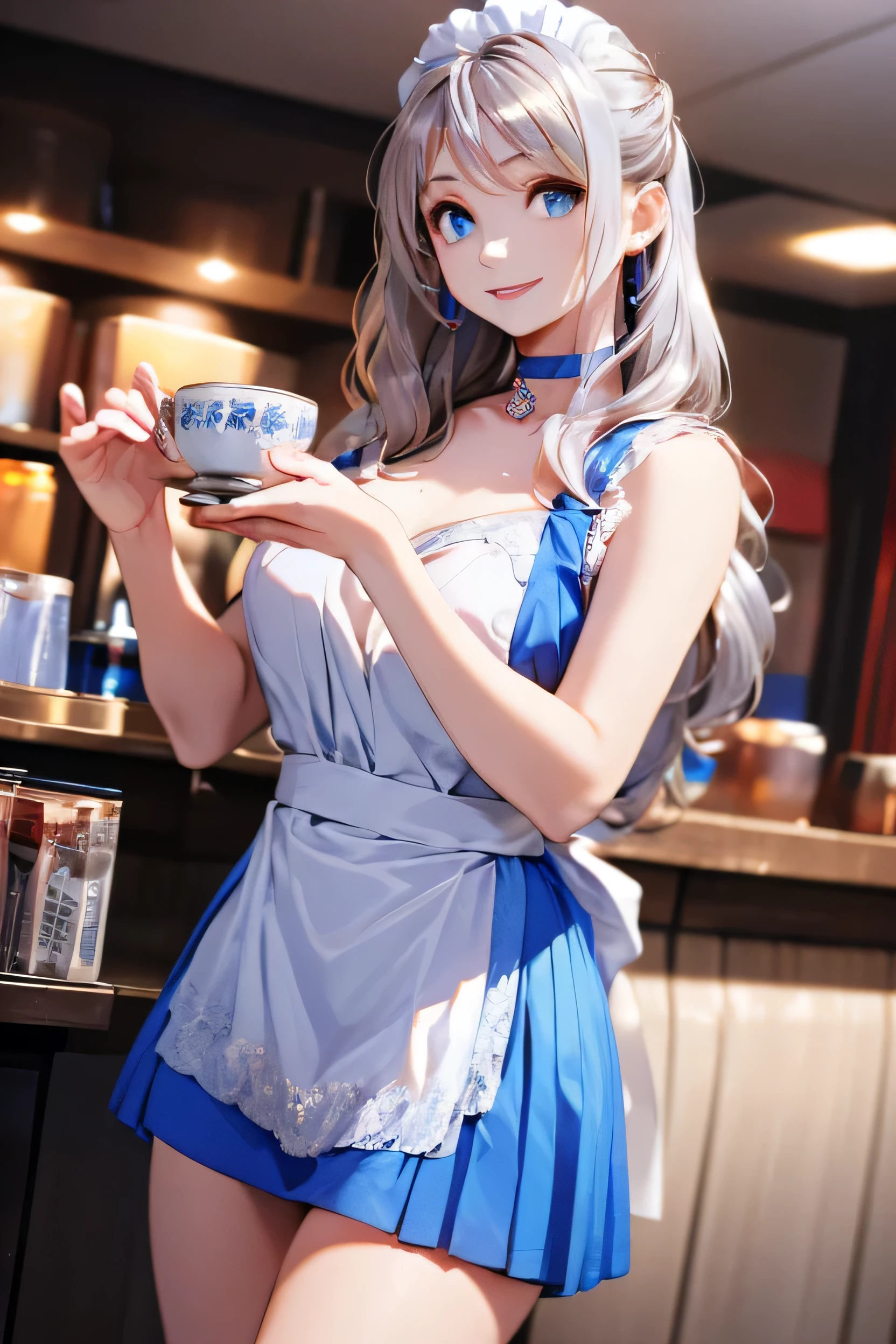 best quality, masterpiece, highres, detailed, perfect anatomy, <lora:Detail - add_detail:0.2> , WafuMaidCh, checkered kimono, apron, frills, restaurant, <lyco:WafuMaid-10:0.8>, Mylene, white hair, blue ribbon, white and blue clothing, milf, <lora:Character - MyleneV3:0.8>