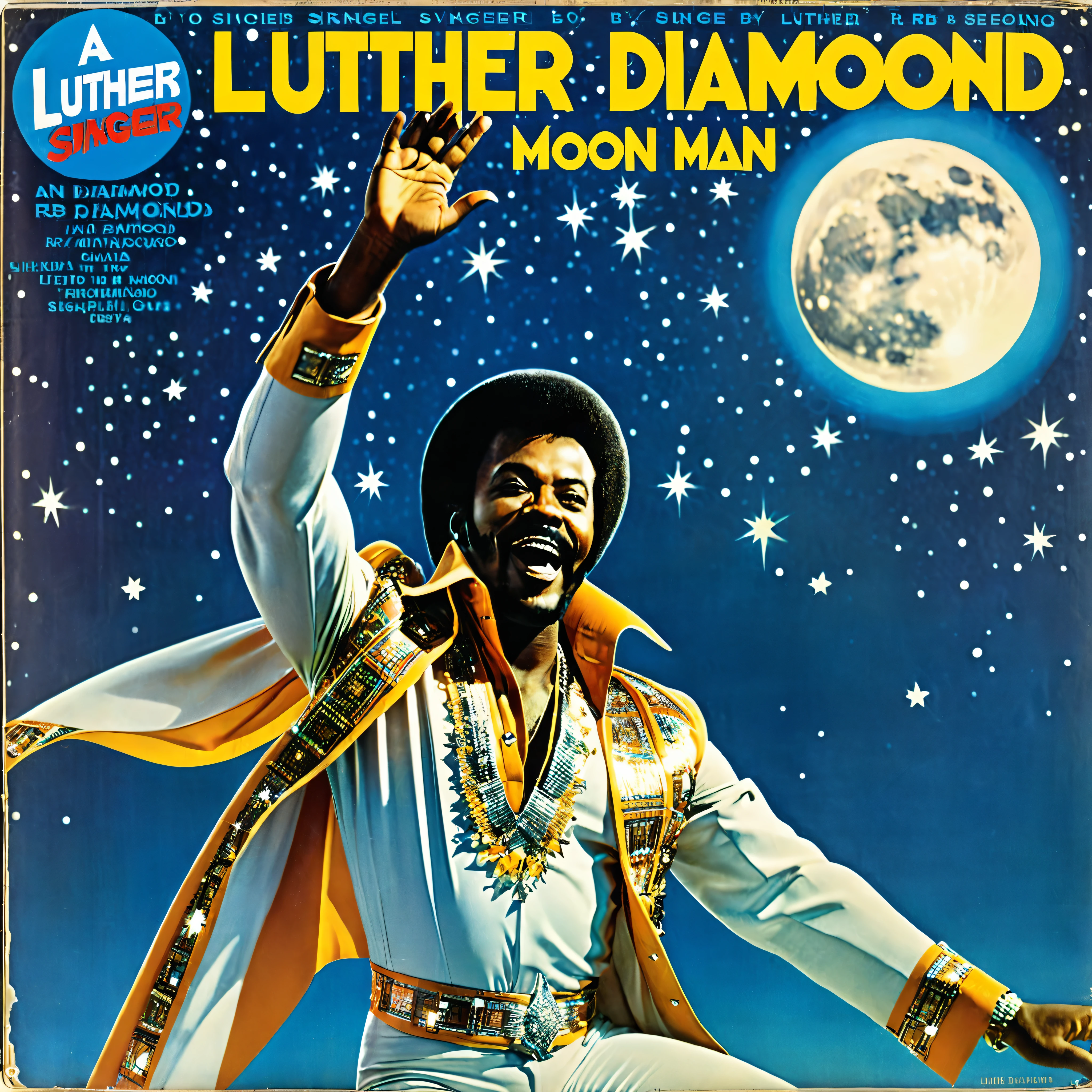 1970s vinyl album cover for a song called "Moon Man" by an r&b singer named Luther Diamond
