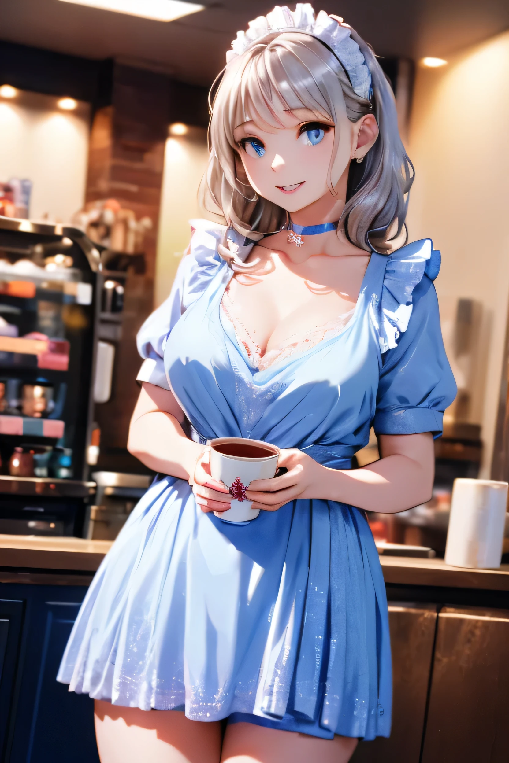 (Photorealistic:1.8, highest quality:1.8,8K masterpiece:1.8,High resolution,Mastepiece:1.8,RAW Photos,Cinematic lighting),No split screen、morning、maid Cafe、(A female store clerk wearing a maid outfit:1.5)、(Soryu Asuka Langley)、
(Completely naked、choker、Medium chest、mini skirt、Wide open chest、Beautiful thighs、Plump nipples)、
(Random hairstyle、Beautiful, shining red, blue, white, brown and silver hair:1.5)、Sparkling Blue Eyes、looks fun、Smile、holding a coffee cup、Random Pause、Random Angle