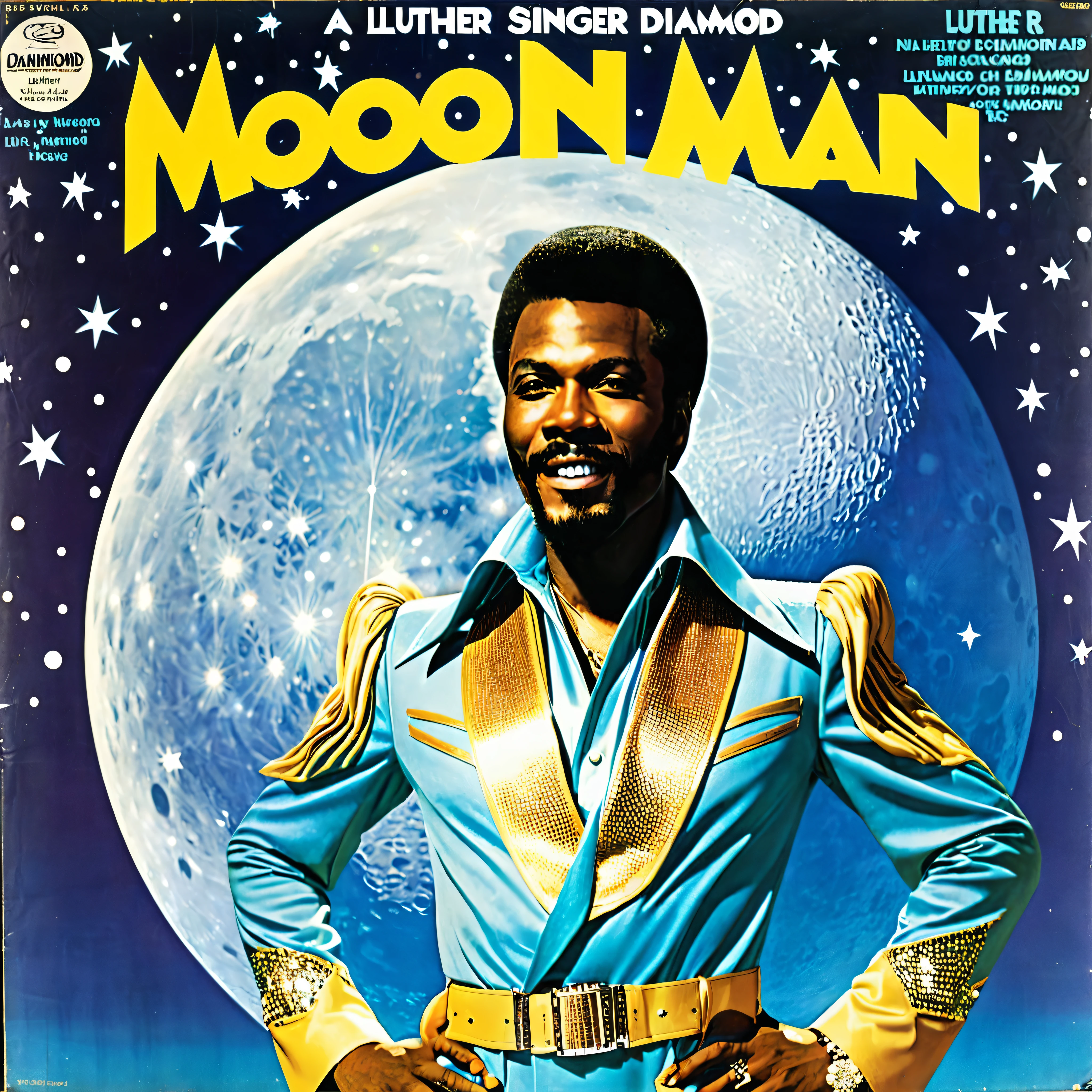 1970s vinyl album cover for a song called "Moon Man" by an r&b singer named Luther Diamond
