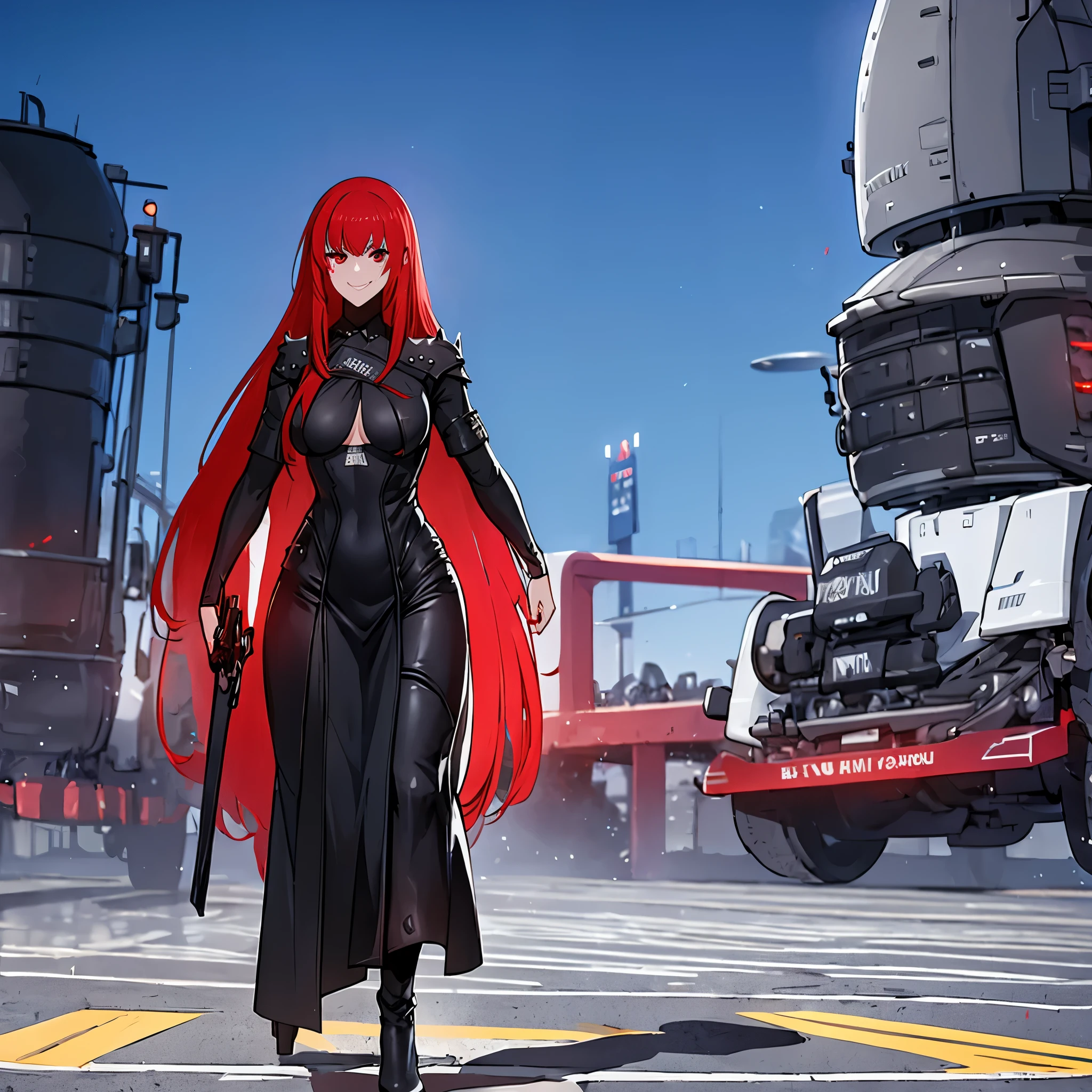 A woman wears a black suit, black steel shoulder pads, black shiny leather pants, long red hair, red eyes, black hood, smiling, black metal boots, walking on a white futuristic platform, with a wide view of the blue sky with clouds, red aura around, full body, big breast, ,close view,,bokeh effect, atmospheric perspective, 8k , super detail, accurate, best quality, award winning, textured skin, high resolution, anatomically correct(solo woman)
