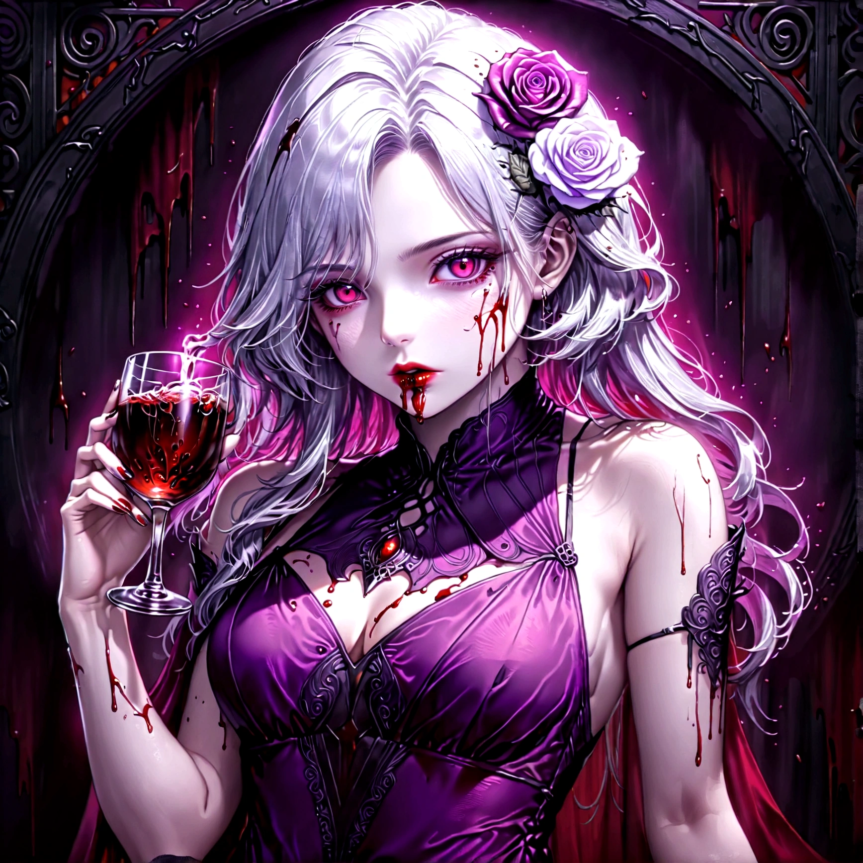 Arafed, dark fantasy art, glamour shot, award winning shot, photorealistic, a portrait of a female vampire drinking a glass of blood,, silver hair, long hair, red lips, glowing eyes, there is an imprint of ((white rose)), dynamic color, she wears, an elegant (purple dress: 1.5), blood dripping from lips, cyberpunk bar background, 16k, ultra detailed, masterpiece, best quality, (extremely detailed), Dark Art Painting Style, GlowingRunesAI_red