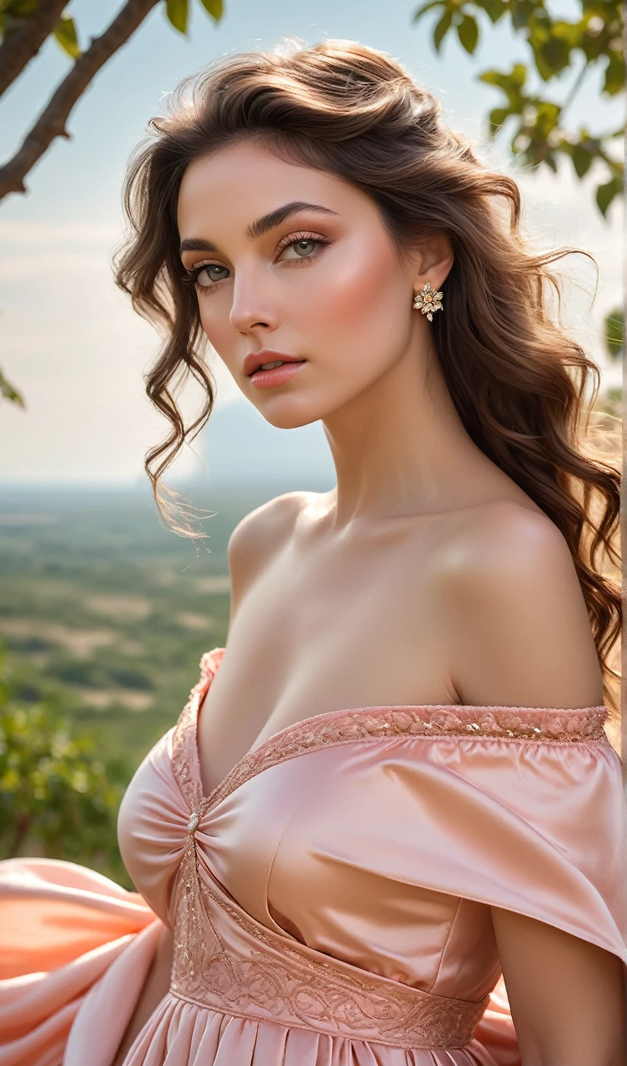 beautiful portrait of a goddess posing in realistic cotton,
(intimate),
relaxing,
open minded,
ultra high definition,
ultra highly detailed,
dynamic attractive poses,
candid,
close up images,
peach satin off shoulder dress,
sharp focus on eyes,
full body portrait of pretty goddess,
in a realistic landscape,
collarbone,
elegant,
placid,
resigned,
solemn,
prideful,
majestic and dignified pretty goddess,
beautiful goddess with pretty face,
hazy,
eyes open