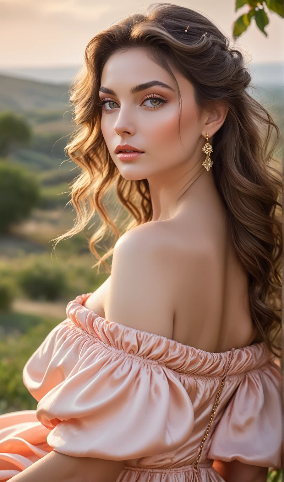 beautiful portrait of a goddess posing in realistic cotton,
(intimate),
relaxing,
open minded,
ultra high definition,
ultra highly detailed,
dynamic attractive poses,
candid,
close up images,
peach satin off shoulder dress,
sharp focus on eyes,
full body portrait of pretty goddess,
in a realistic landscape,
collarbone,
elegant,
placid,
resigned,
solemn,
prideful,
majestic and dignified pretty goddess,
beautiful goddess with pretty face,
hazy,
eyes open