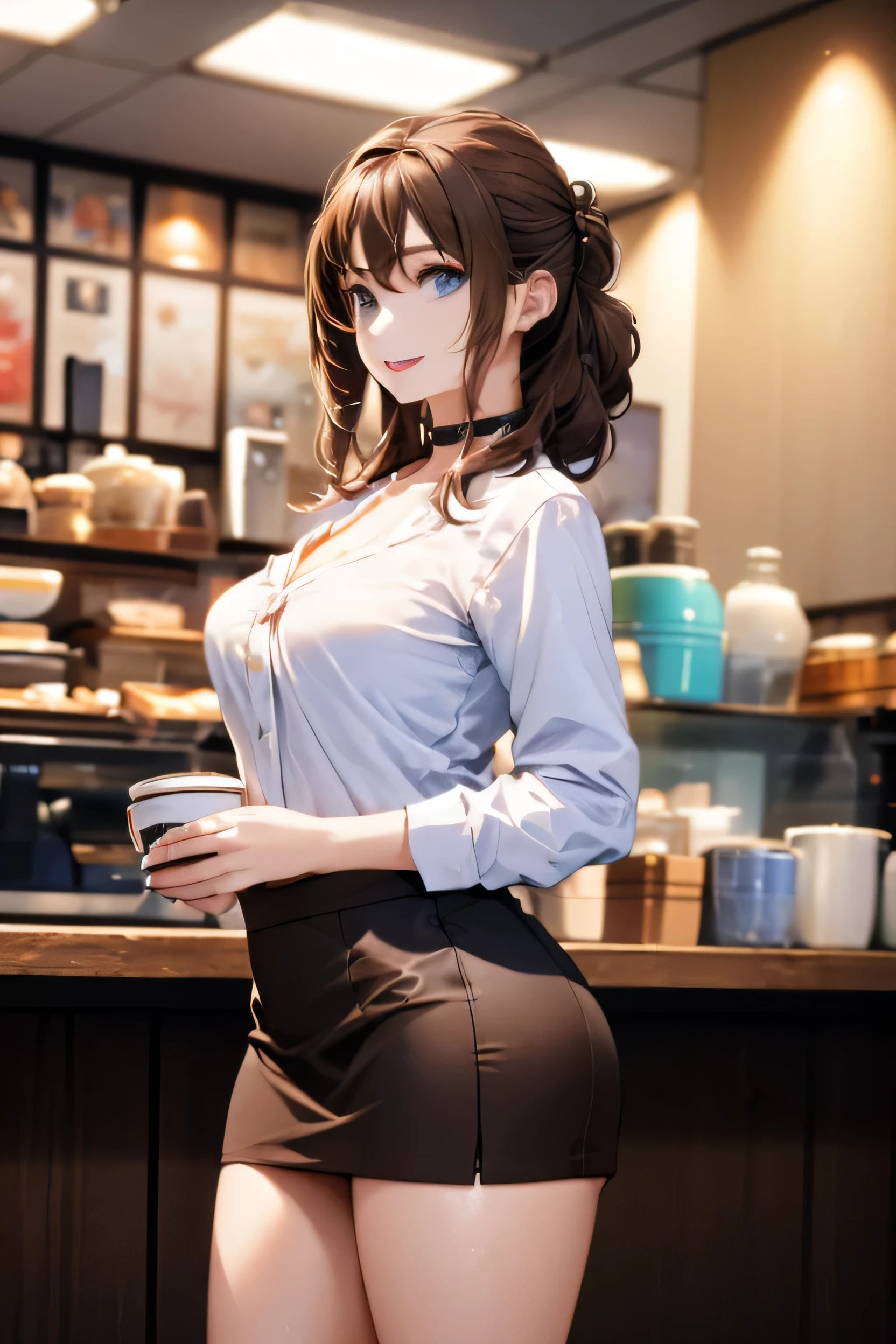 (Photorealistic:1.8, highest quality:1.8,8K masterpiece:1.8,High resolution,Mastepiece:1.8,RAW Photos,Cinematic lighting),No split screen、morning、Old coffee shop、（A female clerk carrying coffee:1.5)、(Soryu Asuka Langley)、
（choker、Medium chest、Beautiful breasts、cafe uniform、mini skirt、Beautiful ass、Beautiful thighs、Plump nipples、Cutting-edge fashion）、
(Random hairstyle、Beautiful, shiny pale-brown hair:1.5)、Sparkling Blue Eyes、Fine Lines、greet、smile、Random Pause、Random Angle