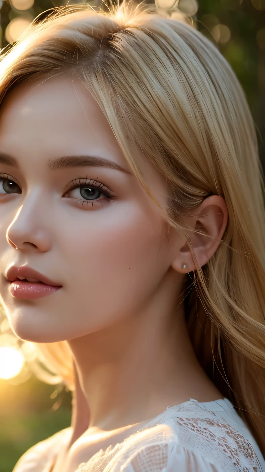 Close-up portrait, Sexy SS Blonde, parted lips, lips, Casual Dresses, View your audience, Forest Background, Sunset Light, Realistic