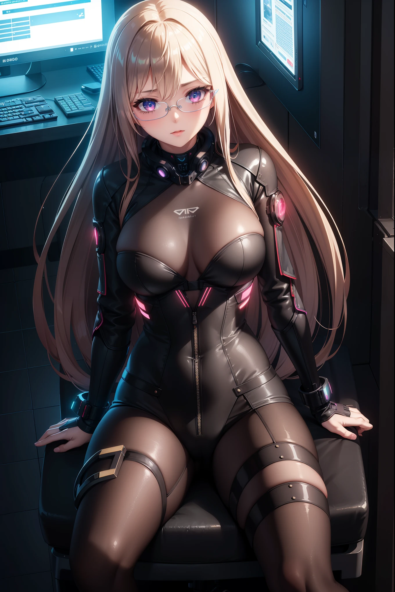 1girl, natural lighting, masterpiece, highly detailed, illustration, game CG, absurdres, high quality, beautiful detailed eyes, glossy lips, natural lighting, medium breasts, klaudia valentz, futuristic led glasses, cyberpunk glasses, bodysuit, cyberpunk, sitting, multiple computer screens, keyboard, gamer chair, leaning back