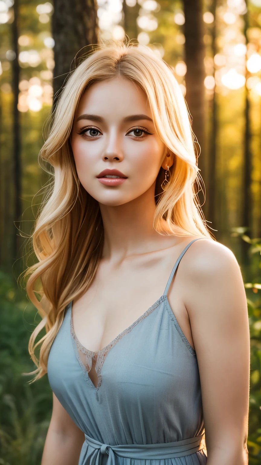 Close-up portrait, Sexy SS Blonde, parted lips, lips, Casual Dresses, View your audience, Forest Background, Sunset Light, Realistic