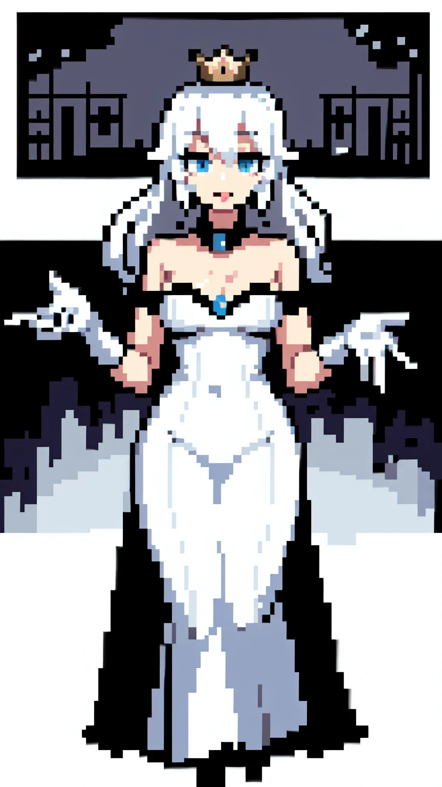 thick outlines, comics, photorealistic, perfect hands, masterpiece:1.2, creepy manor, haunted, dark manor, ghost, 1girl, solo, long tongue, tongue out, standing, Boosette_Mario, long hair, white hair, long white dress, ballroom dress, white gloves, small breast, detailed background, detailed face, detailed eyes, 