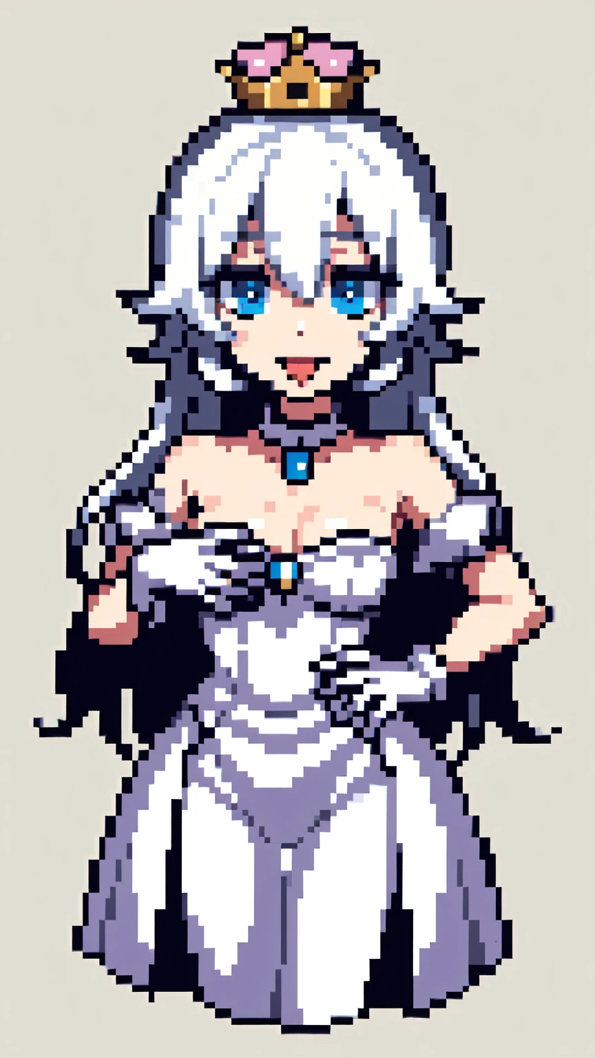 thick outlines, comics, photorealistic, perfect hands, masterpiece:1.2, creepy manor, haunted, dark manor, ghost, 1girl, solo, long tongue, tongue out, standing, Boosette_Mario, long hair, white hair, long white dress, ballroom dress, white gloves, small breast, detailed background, detailed face, detailed eyes, 