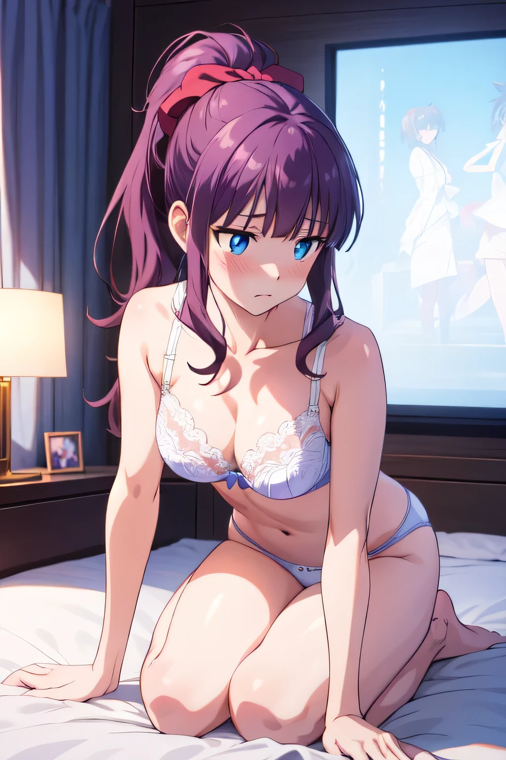 a highly detailed, extremely detailed, 8k, hyper-realistic portrait of takimoto hifumi, beautiful girl with long purple hair in a ponytail, blue eyes, embarrassed expression, lie on a bed, glowing effects, detailed white bra and panties, full body