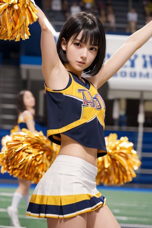 (High resolution:1.3), (16k, Photorealistic, Raw photo, Best image quality: 1.4), Japanese, (One Girl), Beautiful Face, (A vivid face), (Black-haired、short hair:1.3), Beautiful Hairstyles, Realistic eyes, Beautifully detailed eyes, (Realistic Skin), Beautiful skins, attractive, 超A high resolution, Surreal, High detail, Golden Ratio, Highly detailed cute girl,(20-year-old), ((Completely naked)), (Cheerleader:1.3), Nipples, Butt