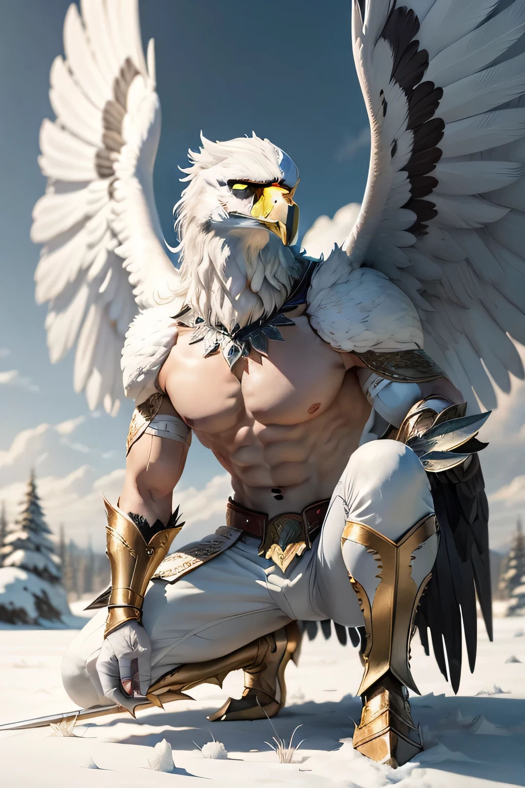 Eagle Man, a majestic figure clad in feathered armor, stands triumphantly with outstretched wings. His piercing golden eyes reflect the intensity of his determination. In one hand, he clutches a gleaming metallic spear with an eagle's head as its tip. His wings provide a stark contrast to the snowy landscape, as he faces off against a cunning White Wolf.
White Wolf, a symbol of stealth and guile, crouches low to the ground. His fur is pristine and snow-white, almost blending in with the surroundings. A pair of piercing icy blue eyes survey Eagle Man with a curious intensity. The wolf bares his