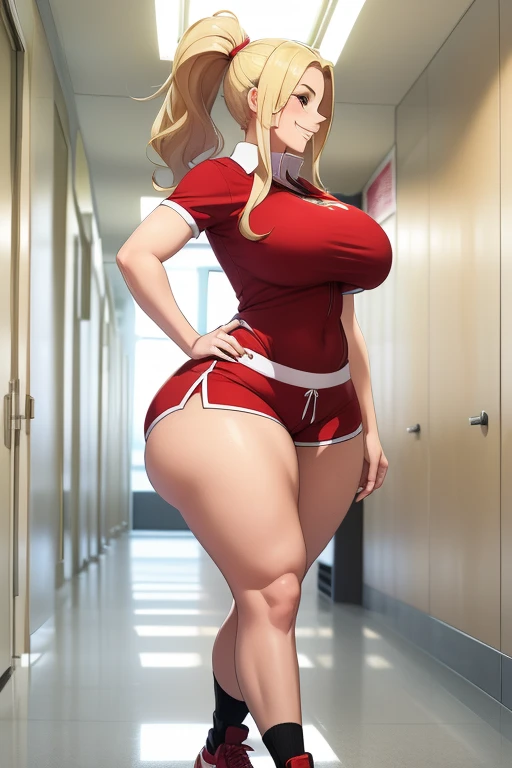 High resolution, (((many characters))), (((a girl is walking in a busy school hallway))), she is a mature white girl, (((bimbo))), thick, long blonde, ponytail, she is smiling , very big wide hips, thick thighs, hourglass figure, small round breast, ((she's wearing red shorts))), side view