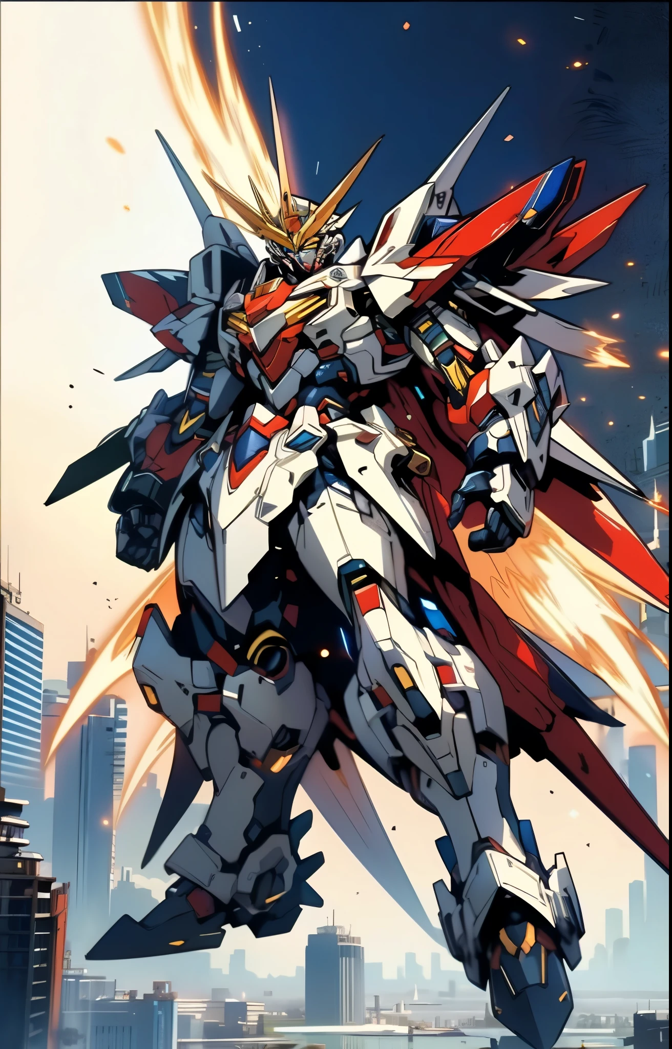 Humanoid Mecha, fully enclosed shoulder guards, matching arm and leg guards, full body, full armor, the design balances heavy with agility, (the color scheme is primarily white with red and blue accents, the concept Inspired by Super robot, organic biotech armor, standing, floating high above the futuristic sci-fi city), exquisite and mature art style, (aura effect, energy, glowing eyes, the armor glows), ((SRS)), metallic, dynamic, dramatic, high definition, best quality, highres, ultra-detailed, ultra-fine painting, extremely delicate, professional, perfect body proportions, anatomically correct, symmetrical face, extremely detailed eyes and face, high quality eyes, creativity, RAW photo, UHD, 32k, Natural light, cinematic lighting, masterpiece-anatomy-perfect, masterpiece:1.5