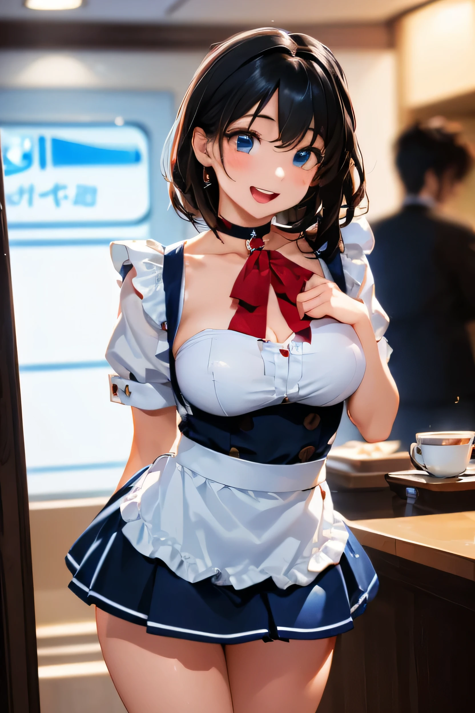 (Photorealistic:1.8, highest quality:1.8,8K masterpiece:1.8,High resolution,Mastepiece:1.8,RAW Photos,Cinematic lighting、lighting from behind),No split screen、morning、maid Cafe、(1 female shop assistant)、(Soryu Asuka Langley)、(choker、Medium chest、Black maid outfit、mini skirt、Wide open chest、Beautiful thighs、Plump nipples)、Bust Shot、
(Beautiful, shining red, blue, white, brown, silver and black hair:1.5)、Sparkling Blue Eyes、Beautiful lip、 Realistic:1.3、Open mouth smiling、looks fun、holding a coffee cup、Random Pause