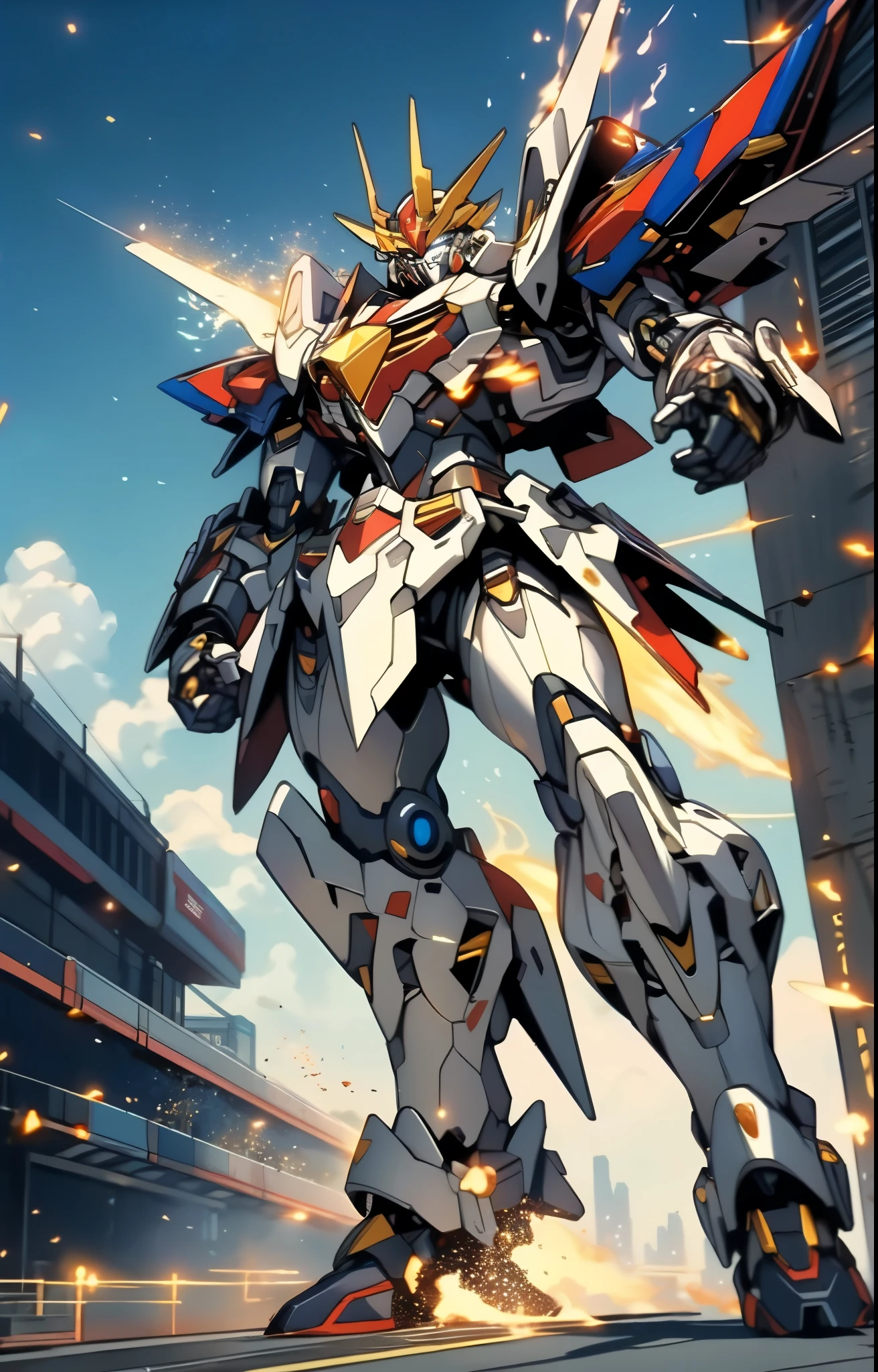 Humanoid Mecha, fully enclosed shoulder guards, matching arm and leg guards, full body, full armor, the design balances heavy with agility, (the color scheme is primarily white with red and blue accents, the concept Inspired by Super robot, organic biotech armor, standing, floating high above the futuristic sci-fi city), exquisite and mature art style, (aura effect, energy, glowing eyes, the armor glows), ((SRS)), metallic, dynamic, dramatic, high definition, best quality, highres, ultra-detailed, ultra-fine painting, extremely delicate, professional, perfect body proportions, anatomically correct, symmetrical face, extremely detailed eyes and face, high quality eyes, creativity, RAW photo, UHD, 32k, Natural light, cinematic lighting, masterpiece-anatomy-perfect, masterpiece:1.5