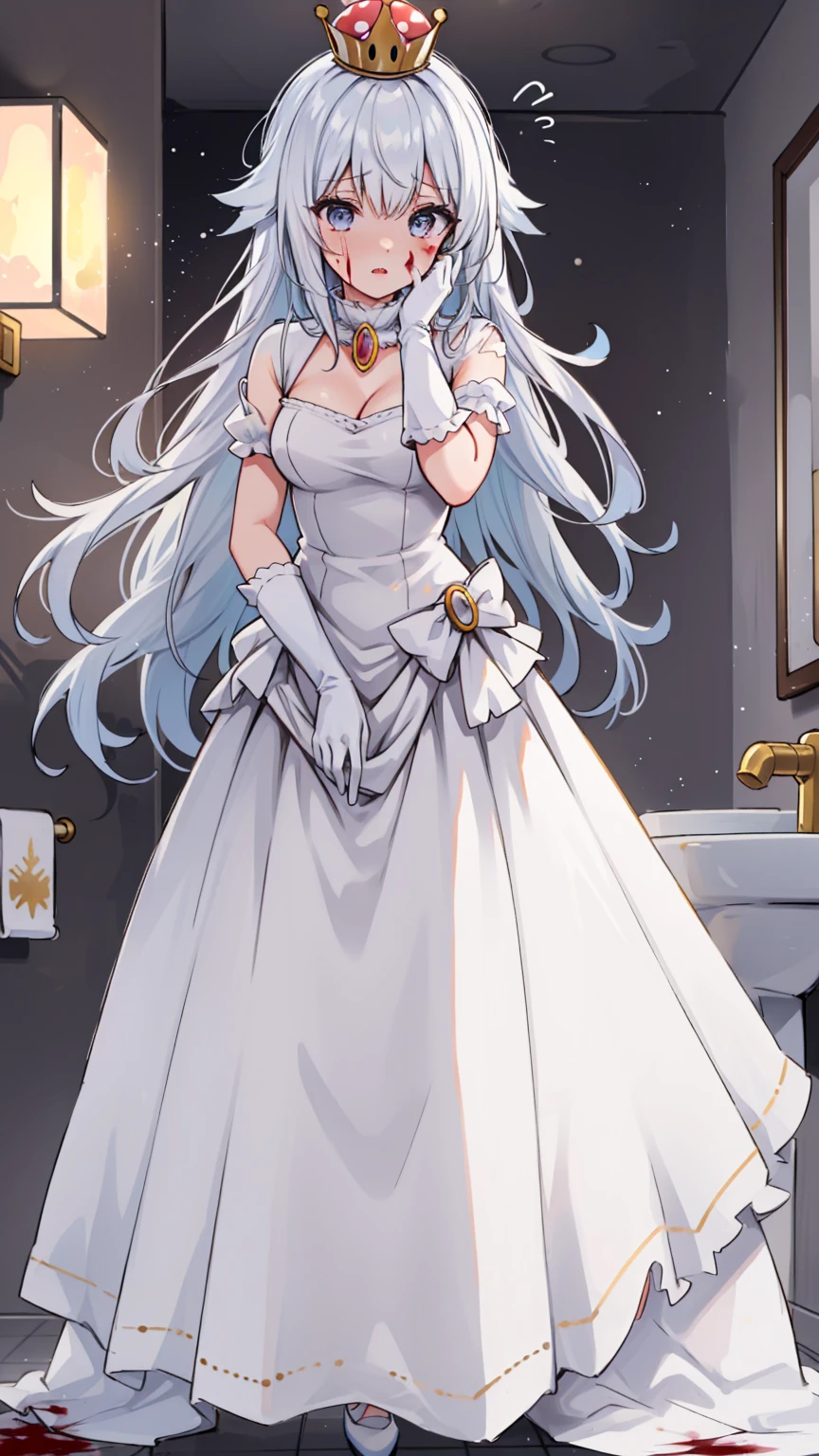 (masterpiece, best quality),  intricate details,
1girl,    Boosette_Mario, , long hair, white hair, long white dress, ballroom dress, white gloves, 
indoors, bathroom, toilet, urinal,  torn clothes, blood on face, scared,