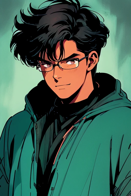 1 man, dark toned skin, black short hair, brown eyes, black rimmed glasses, black wizard robes with hood, evil necromancer magic, handsome, brown skin tone, dark green and teal magics, looking at viewer, arrogant, smirking, magic runes, best quality