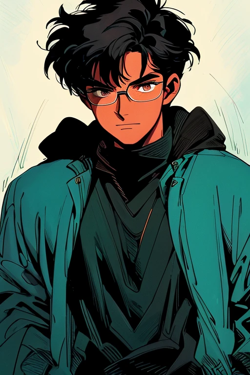 1 man, dark toned skin, black short hair, brown eyes, black rimmed glasses, black wizard robes with hood, evil necromancer magic, handsome, brown skin tone, dark green and teal magics, looking at viewer, arrogant, smirking, magic runes, best quality
