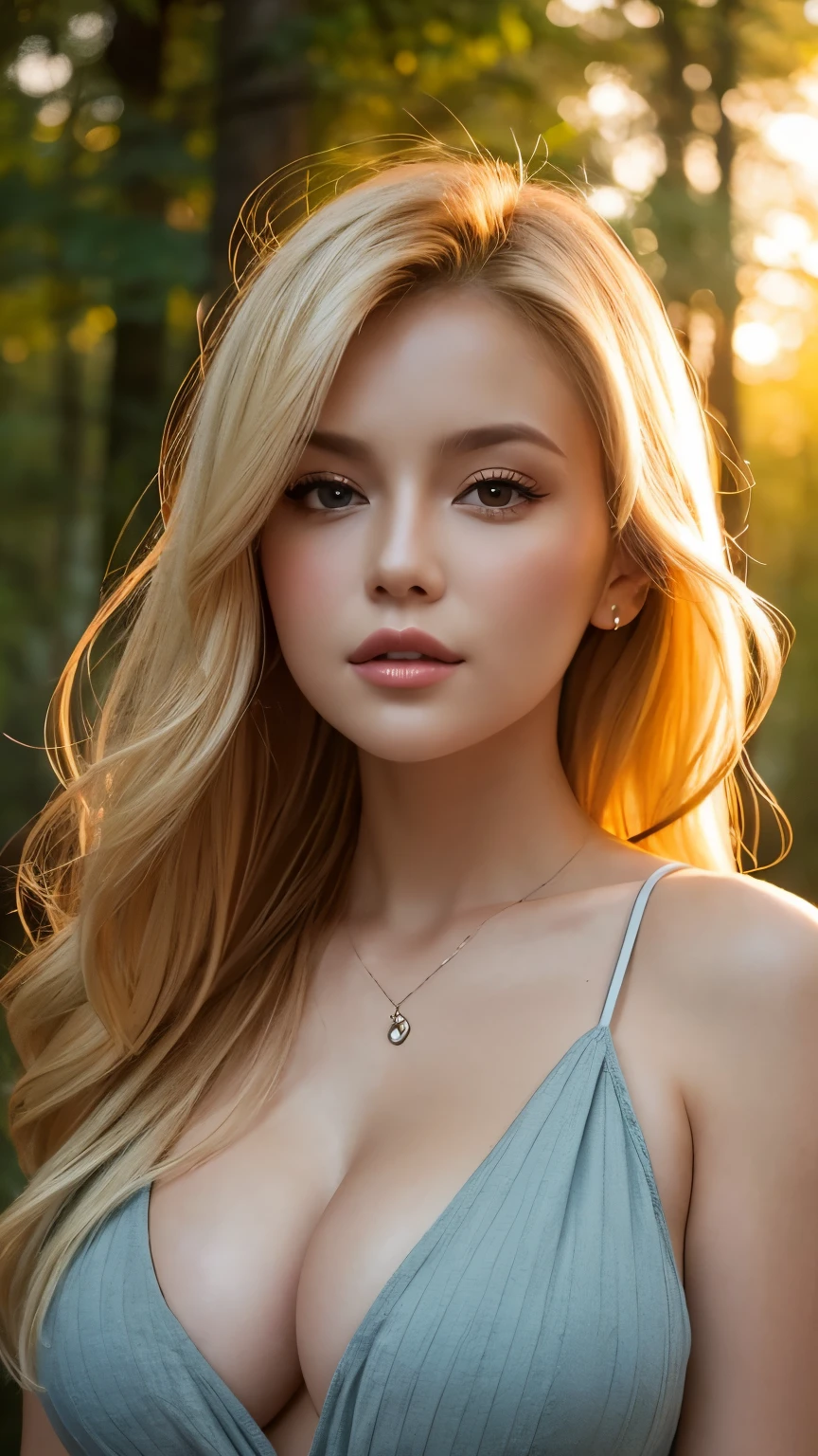 Close-up portrait, Sexy SS Blonde, parted lips, lips, Casual Dresses, View your audience, Forest Background, Sunset Light, Realistic、Large Breasts、Cleavage