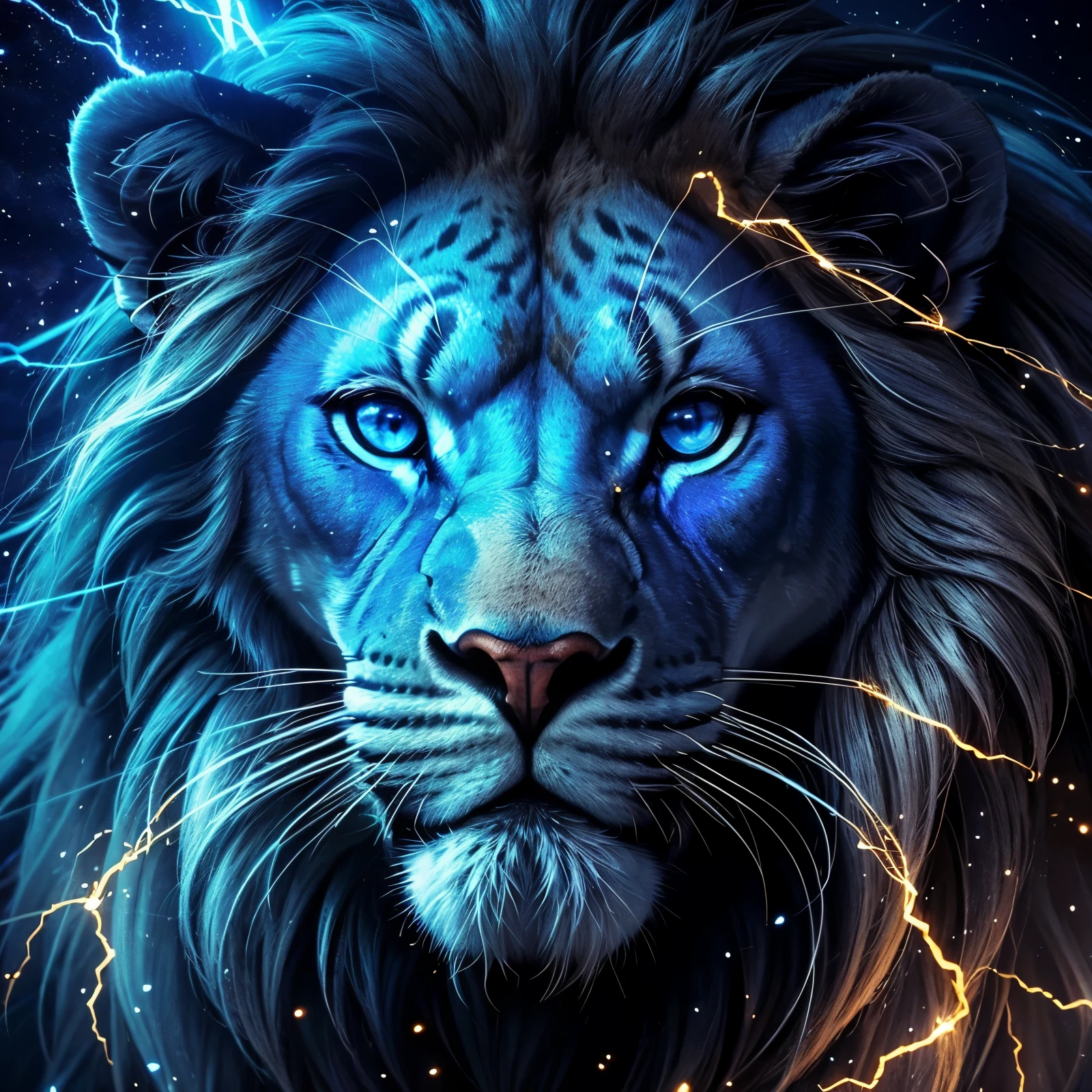 lion, Divine lion, Detailed Realistic Blue Lion, Detailed Realistic Lion Face, Detailed Realistic Eyes, Fotorrealista Ultra Detalhado 16K, Blue Bolts, Blue ThunderBolt, Blue Fire, Realistic Blue Fire, Realistic Thunders, Eletric Bolts, Realistic Detailed 8K, Detailed Realistic 16K, Strong, Feroz, Detailed Realistic Lion, Detailed Realistic Thunders, Blue Bolts, Cores Fotorrealista 8K, Cores Detalhadas 8K, Nitidez Fotorrealista 8K, Fotorrealismo ULTRAHD, Divine Eletric Blue Thunders, Sombras Fotorrealistas 8K, Textura Fotorrealista, Natureza, heavens, celestial, sky night, beauty sky, Noite, majestoso, majestoso Lion, majestoso Sky, Naturalmente Elegante, thunders, Sky thunders, Divine thunder, Linda, Golden, Stars Light, Sky Bolts, Blue Eletricity, Blue Bolts, Rendering, Fotorrealista, UltraHigh definition, 4K, texturasdetalhadas, thunder, sombras detalhadas, cores detalhadas, Natureza Linda, Grande Divino, contraste detalhado, Contraste realista, high resolution, cores detalhadas, fogo, eletricidade, divina criatura, 8k, Realista detalhado, 16K, 8k, High definition, contraste detalhado, Contraste realista, high resolution, cores detalhadas, fogo, eletricidade, divina criatura, 8k, Realista detalhado, elegante,